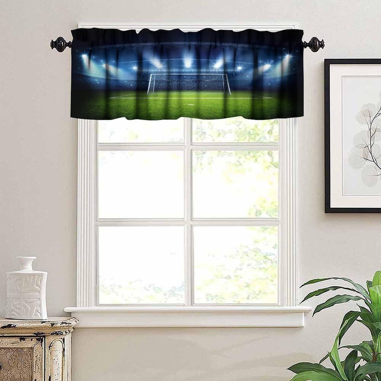Soccer Ball Curtain Valance For Kitchen, Bathroom, Bedroom - Blackout Rod Pocket Short Curtain, 54x18 Inches, Sports Theme Home Decor