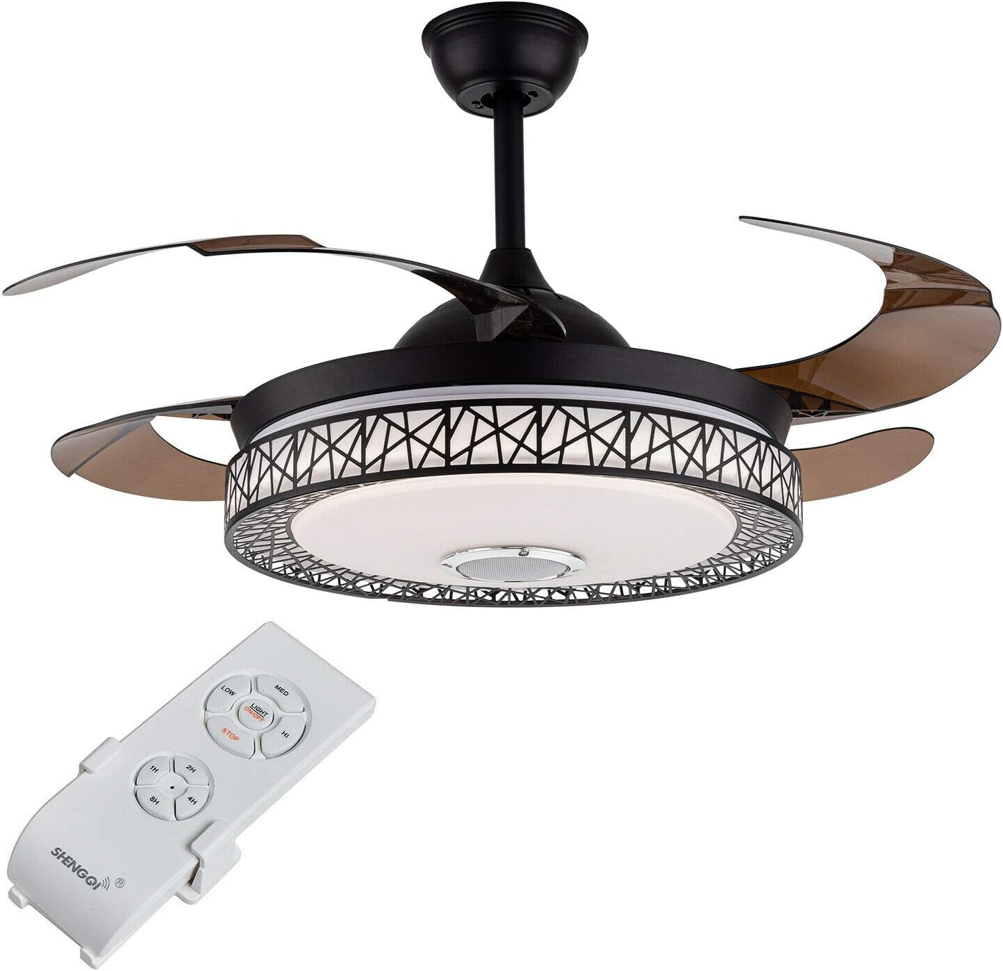 DNYSYSJ 42" Retractable Ceiling Fan with Lights, Invisible LED Ceiling Fan Lamp with Remote Contriol and Music Player Dimmable LED Chandelier 3 Lighting Colors 3 Speeds (Black)