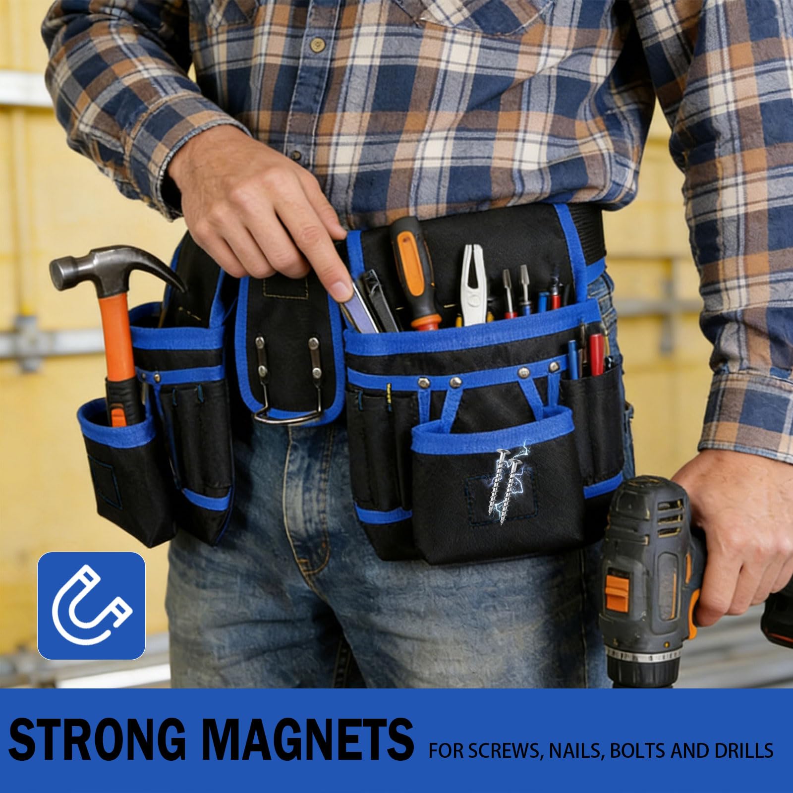 Ceinture à outils pour homme avec 26 poches, sac à outils magnétique amovible, ceinture réglable avec porte-marteau pour électriciens, menuisiers et ouvriers du bâtiment