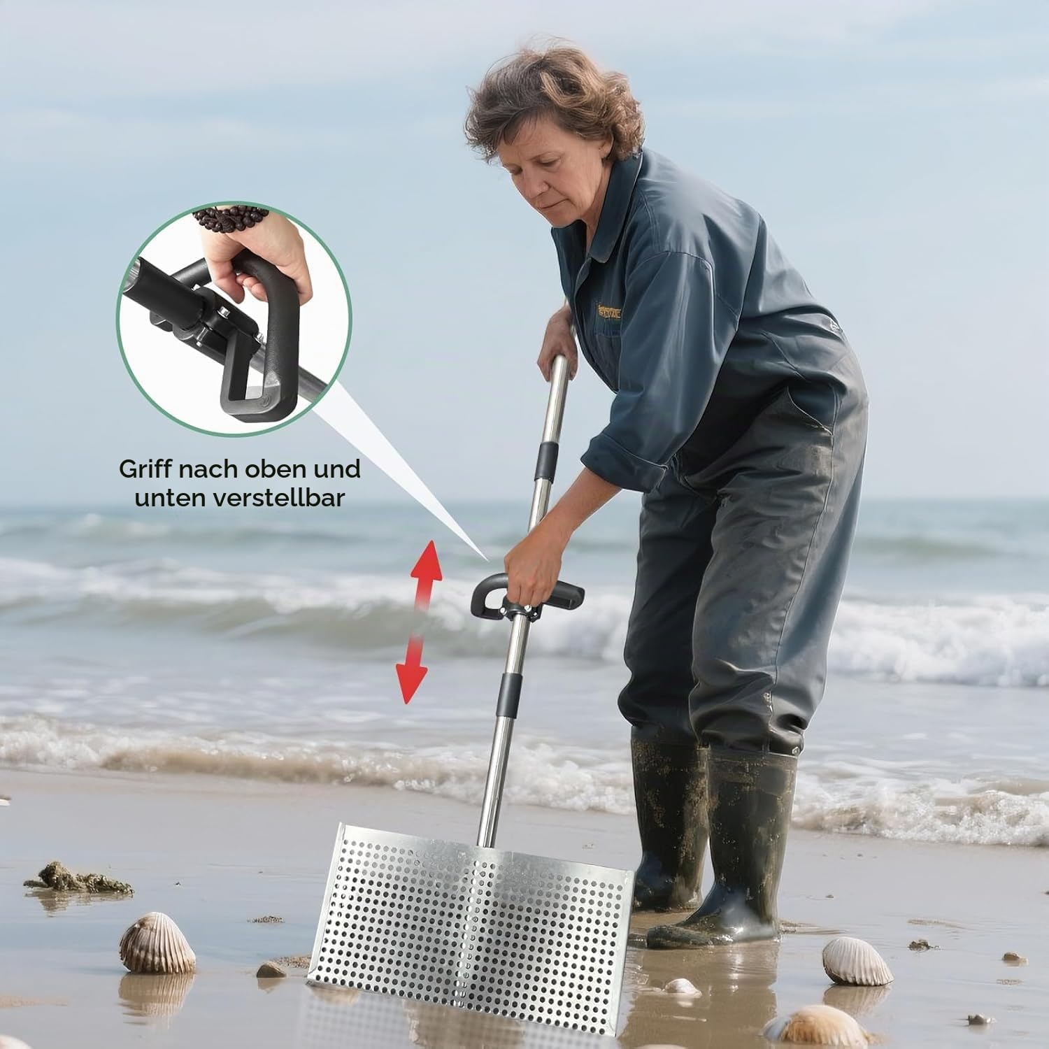 Sandflohharke, Sandsieb groß aus Edelstahl, Abnehmbarer 140 cm Langer Stiel Sand-Sieb mit rutschfestem Griff, für Strand Garten
