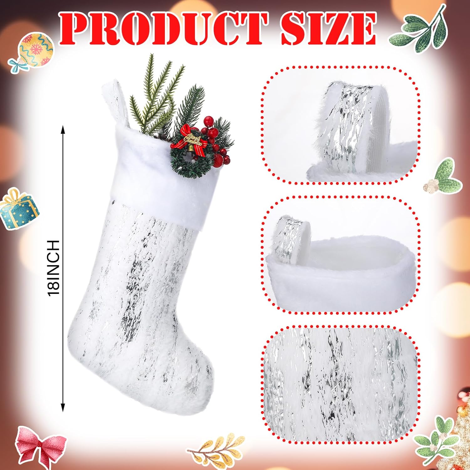 4 Pcs Christmas Stockings 18 Inch Silver White Faux Fur Xmas Hanging Stockings Luxury Candy Gift Bags for Fireplace Home Winter Holiday Christmas Party Decorations