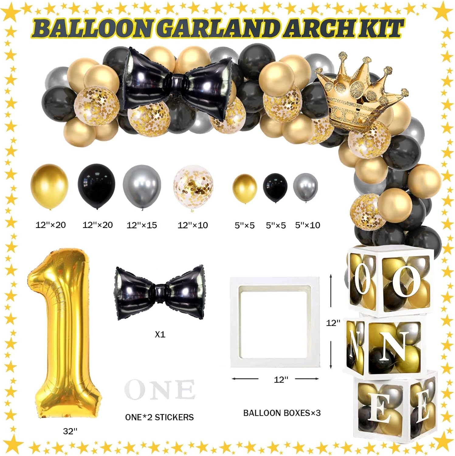 Hombae Mr Onederful 1st Birthday Decorations - Boy's First Black Gold Little Man Party Decorations, Backdrop, Balloon, Photo, Highchair Banner, Box Cutout, Cake Topper, Crown, Poster