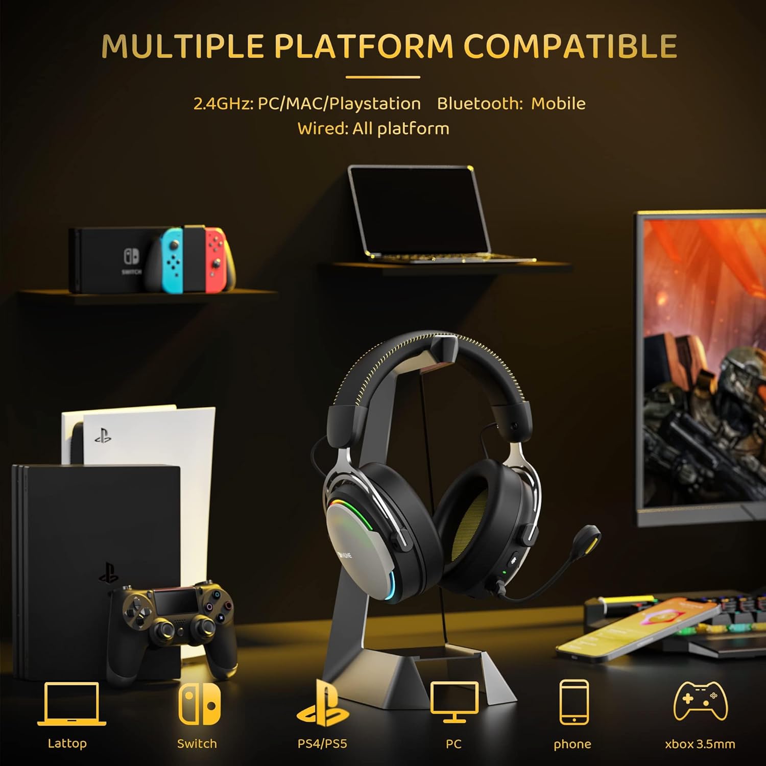 BINNUNE Wireless Gaming Headset with Mic, Dual Mode 2.4g Wireless Bluetooth Gaming Headphones with Microphone for PS4 PS5 PC Switch, Wired Mode for Xbox Series (Black)