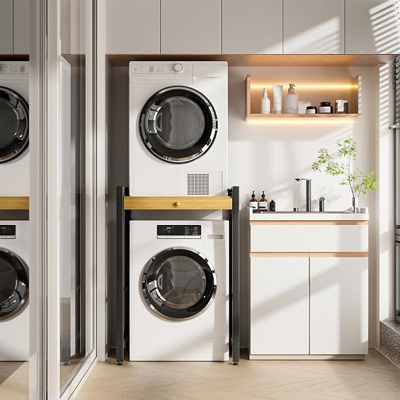 Washer Dryer Stand Stacking Kit, Tumble Dryer Stacking Kit Sliding Shelf Countertop, Space Saving Laundry Storage Unit, Freestanding Washer Dryer Shelf, 200KG Load Capacity