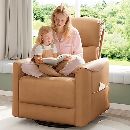 Welzona Power Swivel Rocker Recliner, 360° Swivel Nursery Rocking Chair, PU Leather Glider Rocking Recliner, Infinite Position Electric Chair for Adults with USB Port for Living Room, Brown