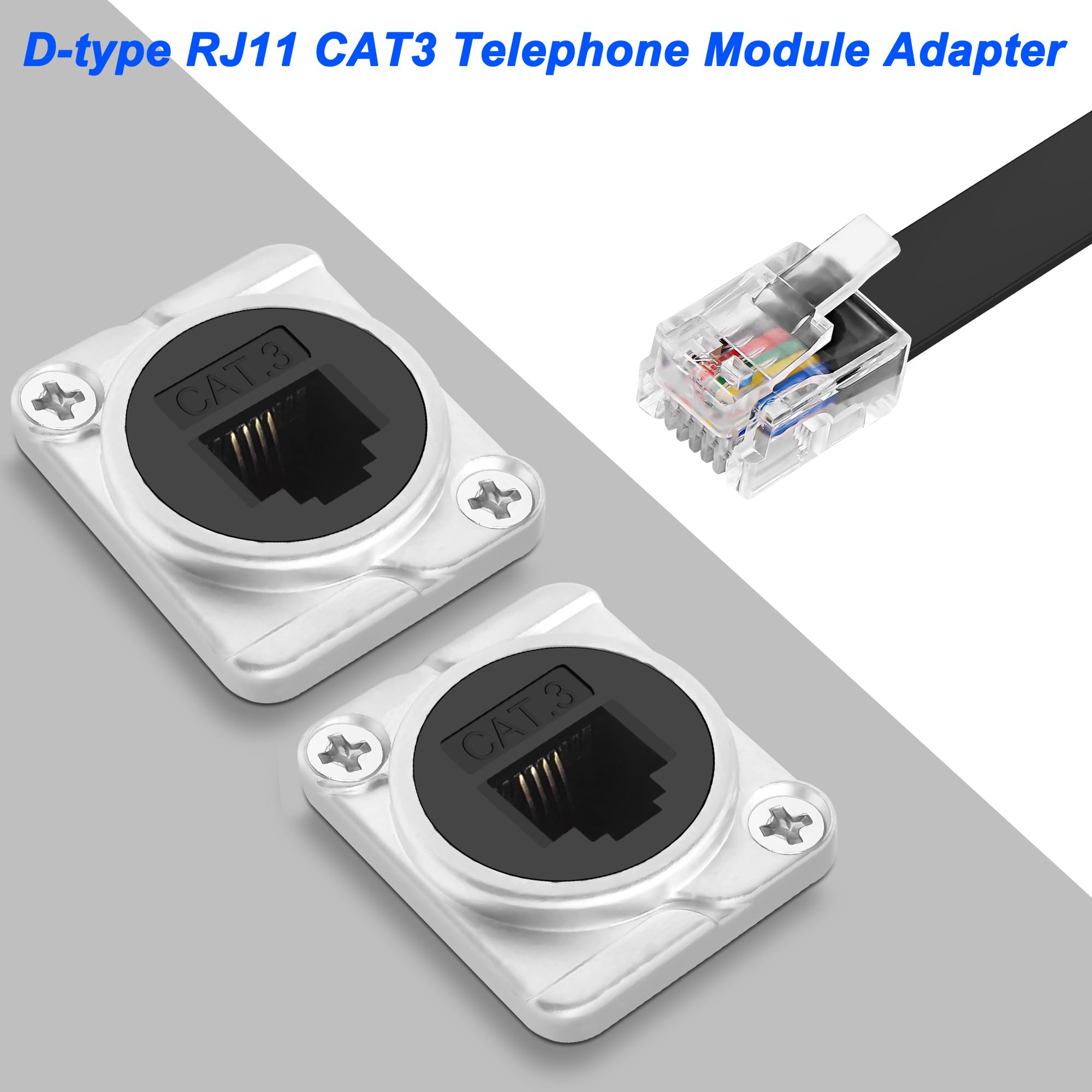 XMSJSIY Lot de 2 adaptateurs de panneau de type D RJ11 CAT3 femelle vers femelle type D CAT3 6P4C pour téléphone - Adaptateur passe-through - Adaptateur de bureau - Argenté