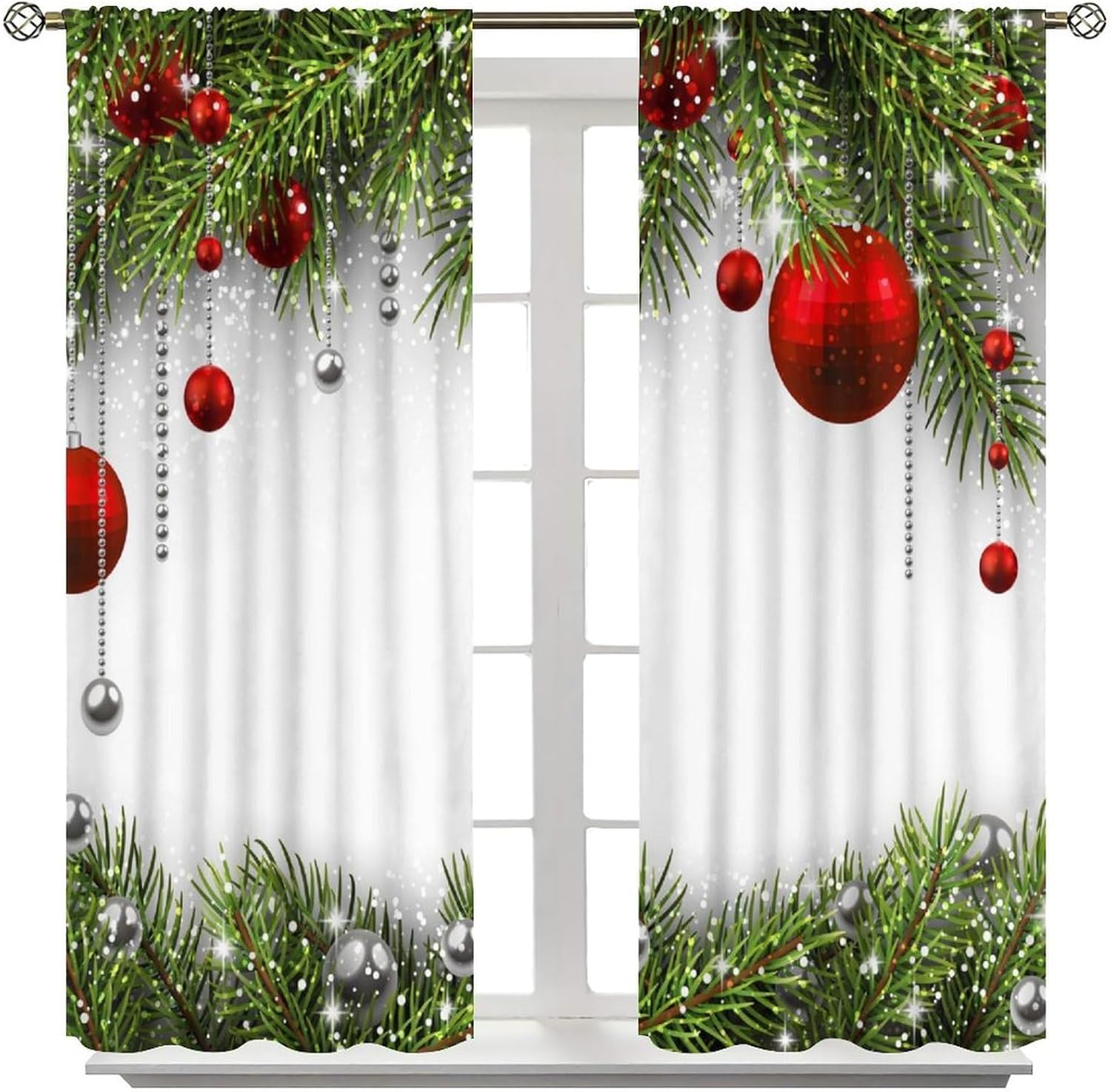 Christmas Curtains, Xmas Merry Christmas Fir Twigs Ball New Year Holiday Party Decor Window Drapery Treatments for Bedroom Kitchen Bathroom Home 2 Panels Set, 42"x54" in Blackout
