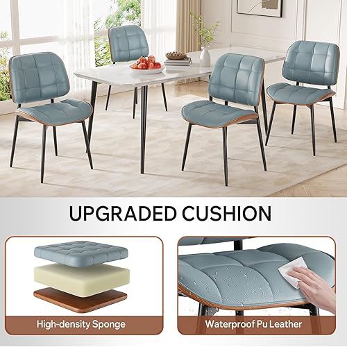 Miniatura 7 de Juego de 2 sillas de comedor, modernas de mediados de siglo con cojín grueso, sillas de cocina tapizadas de piel sintética con respaldo de madera
