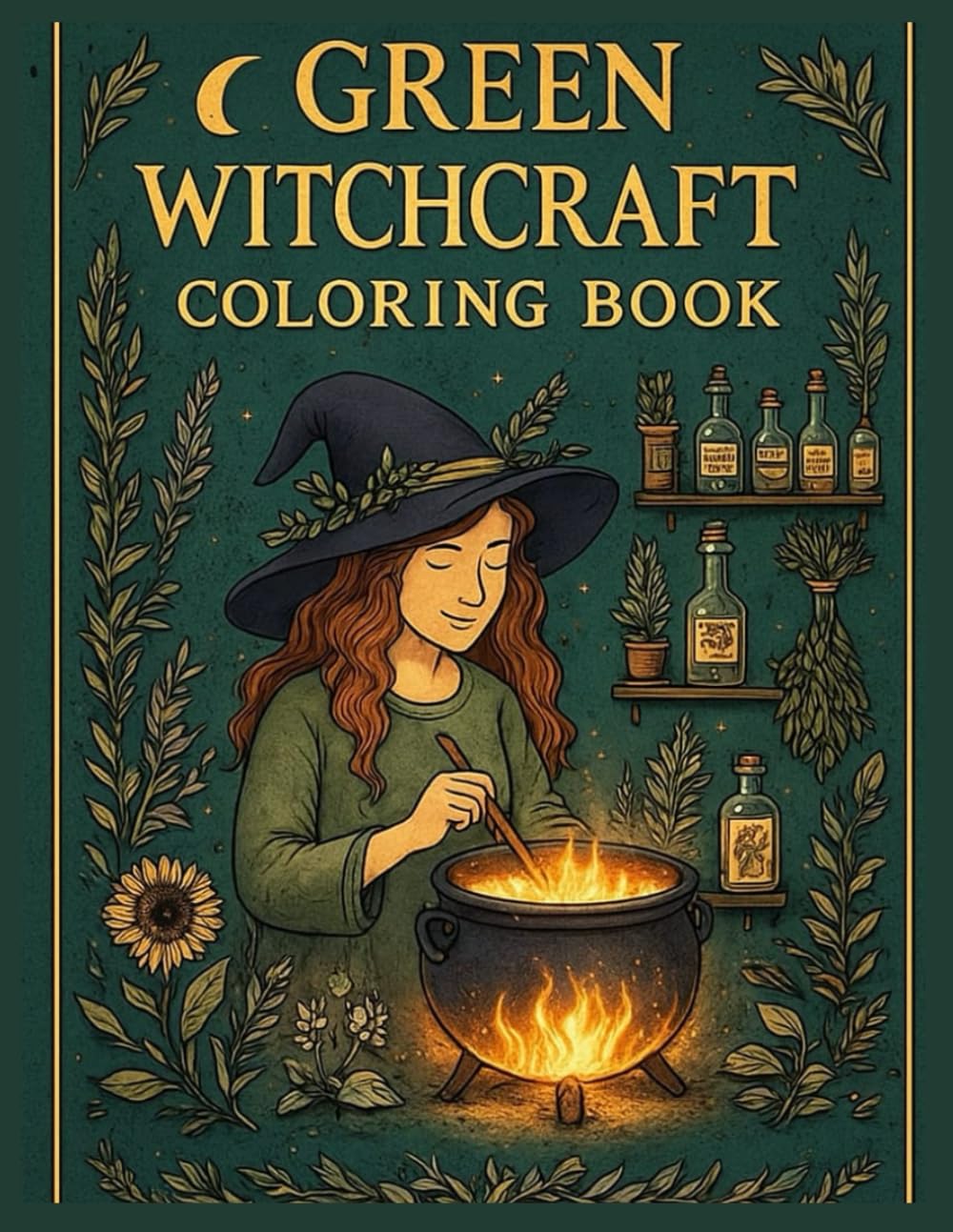 Green Witchcraft Coloring Book: Herbal Magic, Potions, Plants, Crystals & Cozy Witch Scenes for Stress Relief and Relaxation