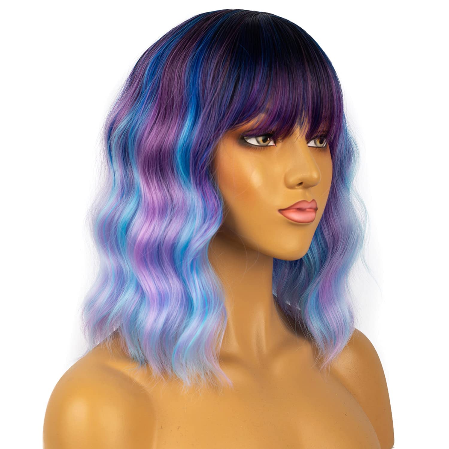 LANICE Short Bob Wigs with Bangs for Women Loose Wavy Hair Shoulder Length Colorful Mixed Wigs Synthetic Colorful Wigs for Cosplay Daily PartyUse(Colorful Mixed,12inch)