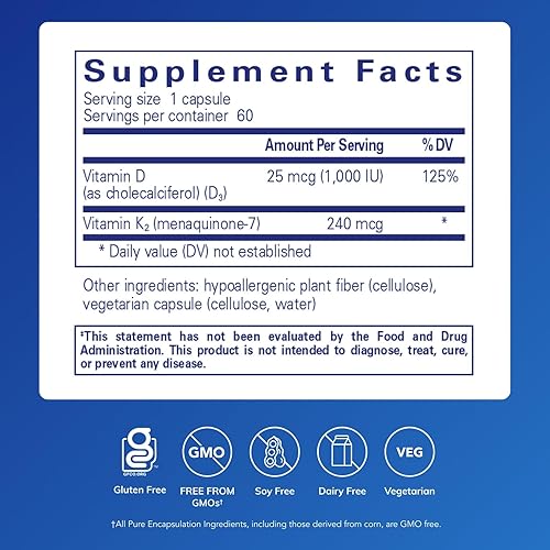 Miniatura 2 de Pure Encapsulations PureHeart K2D - Suplemento para la salud del corazón* - con vitamina K2 y D3 - Colecalciferol Vitamina D y MK-7 - Sin OMG y