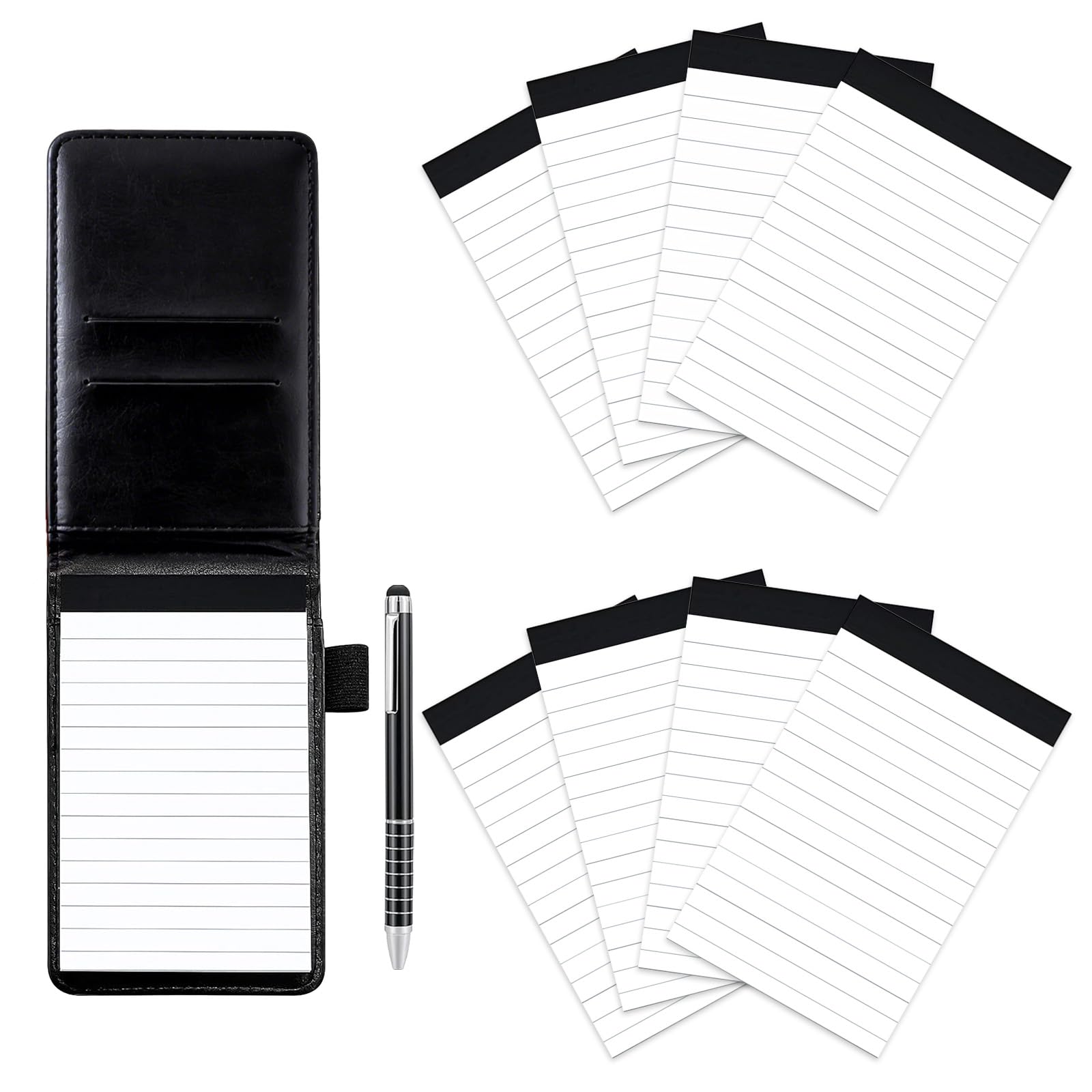 SAYEEC 10 Pieces Small Notepad Holder Set Leather Pocket Notebook with Pen Mini Pocket Notepad Set Included 8 Memo Book Refills for Meetings Daily Records, 60 Lined Paper Per Note Pad 3x5 Inch (Black)