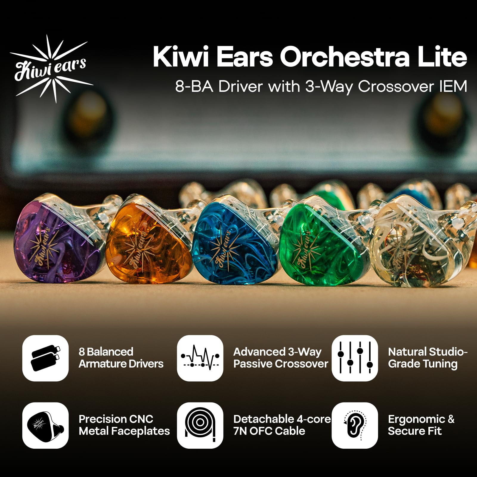 Kiwi Ears Orchestra Lite - Auricolari in-ear per monitor da studio, con cavo OFC staccabile, mascherina artigianale per musicisti audiofili (blu)
