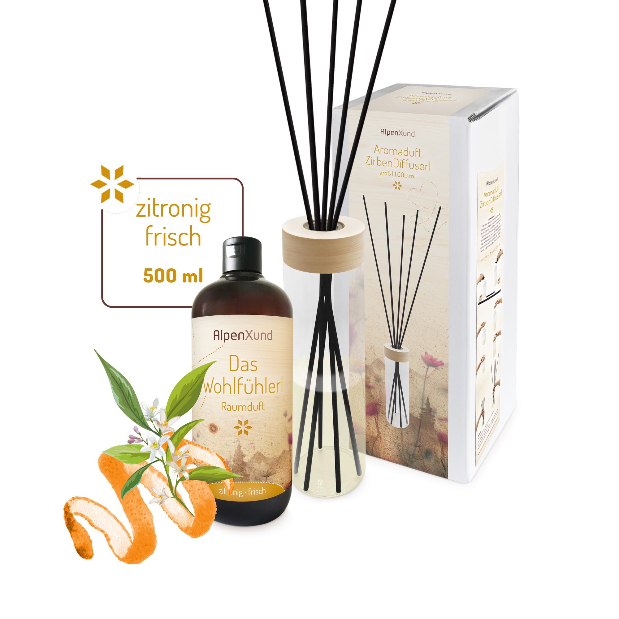 ZirbenDiffuserl Set 1000 ml + Wohlfühlerl 500 ml I Natürliche Raumbeduftung I Raumduft Nachfüllung ätherisch I Diffuser Holz Design I Duftöl 100% naturrein I Ideal für jeden Raum