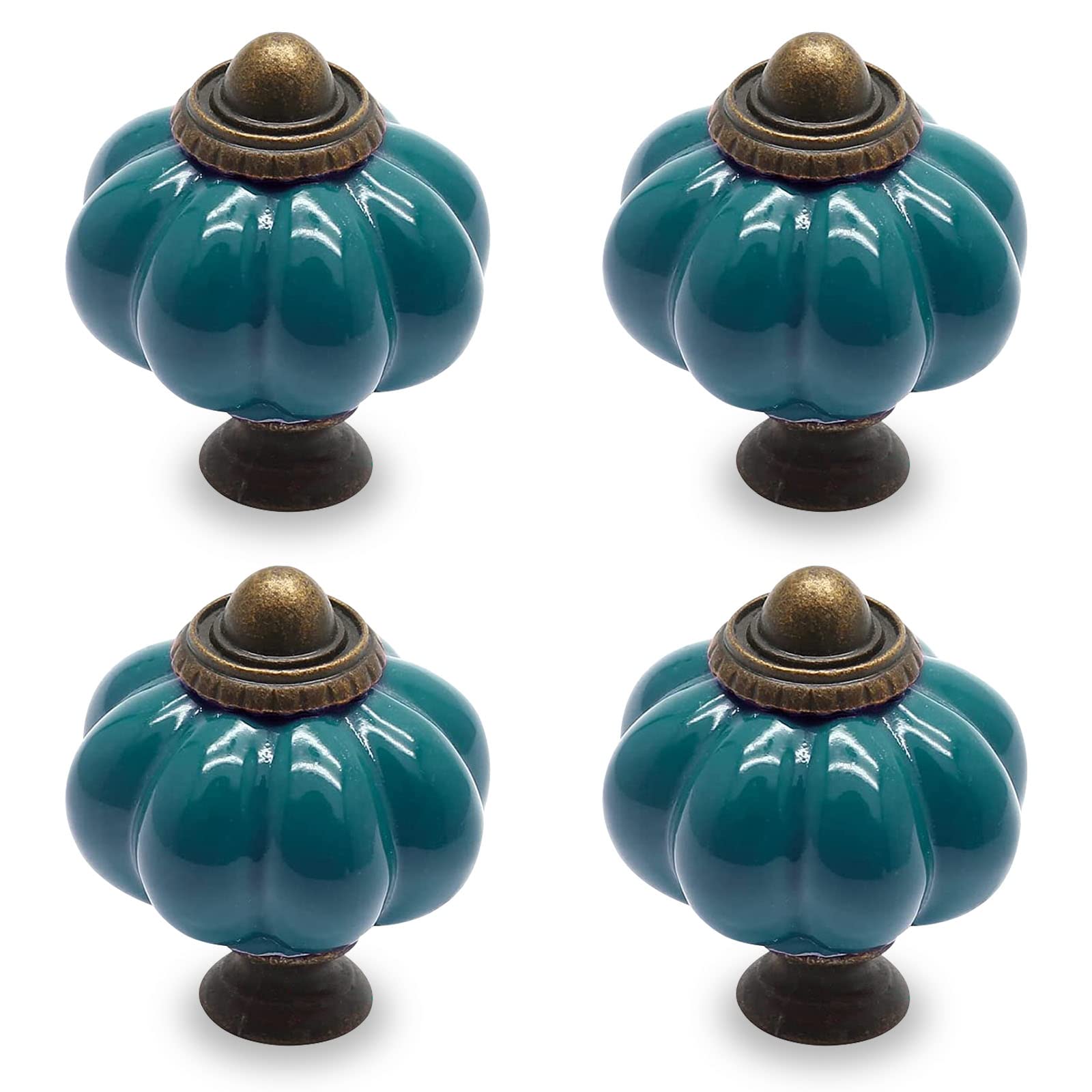 Seimneire 4pcs Teal Pumpkin Knobs, Vintage Ceramic Cabinet Knobs
