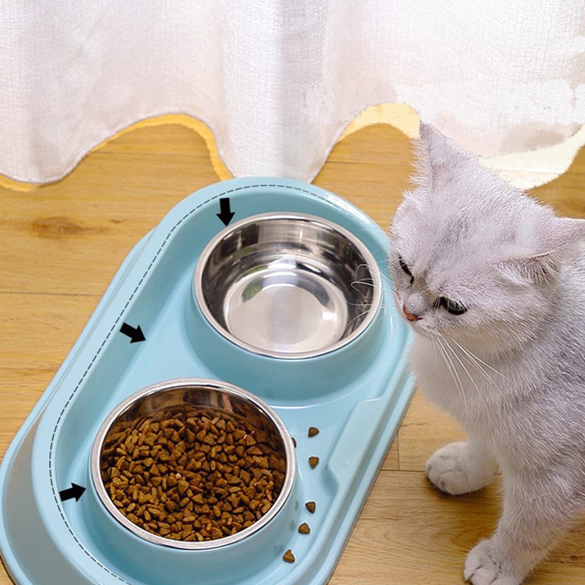 Cuencos dobles de comida para perros y gatos, cuencos de acero inoxidable para mascotas y cuencos de agua para perros con estación de polipropileno antideslizante y antiderrames, comedero de