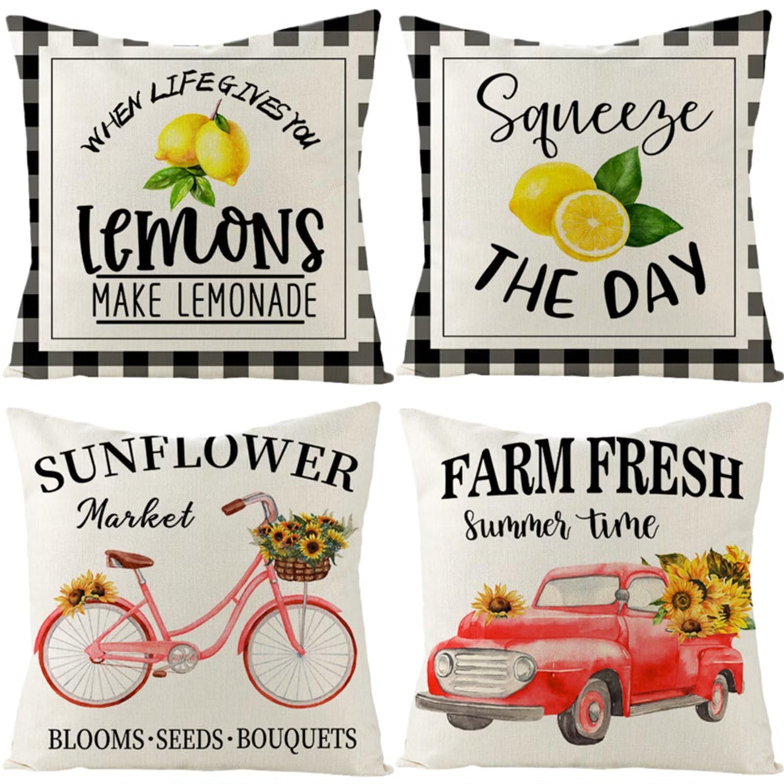 Set di 4 Fodere per Cuscini 65x65cm,cuscini per divano Alfabeto Limone Car Giardino Esterno Fodere per Cuscini Decorativi Lino Quadrate per Cuscino,per Casa Soggiorno Camera da Letto Divano YG110