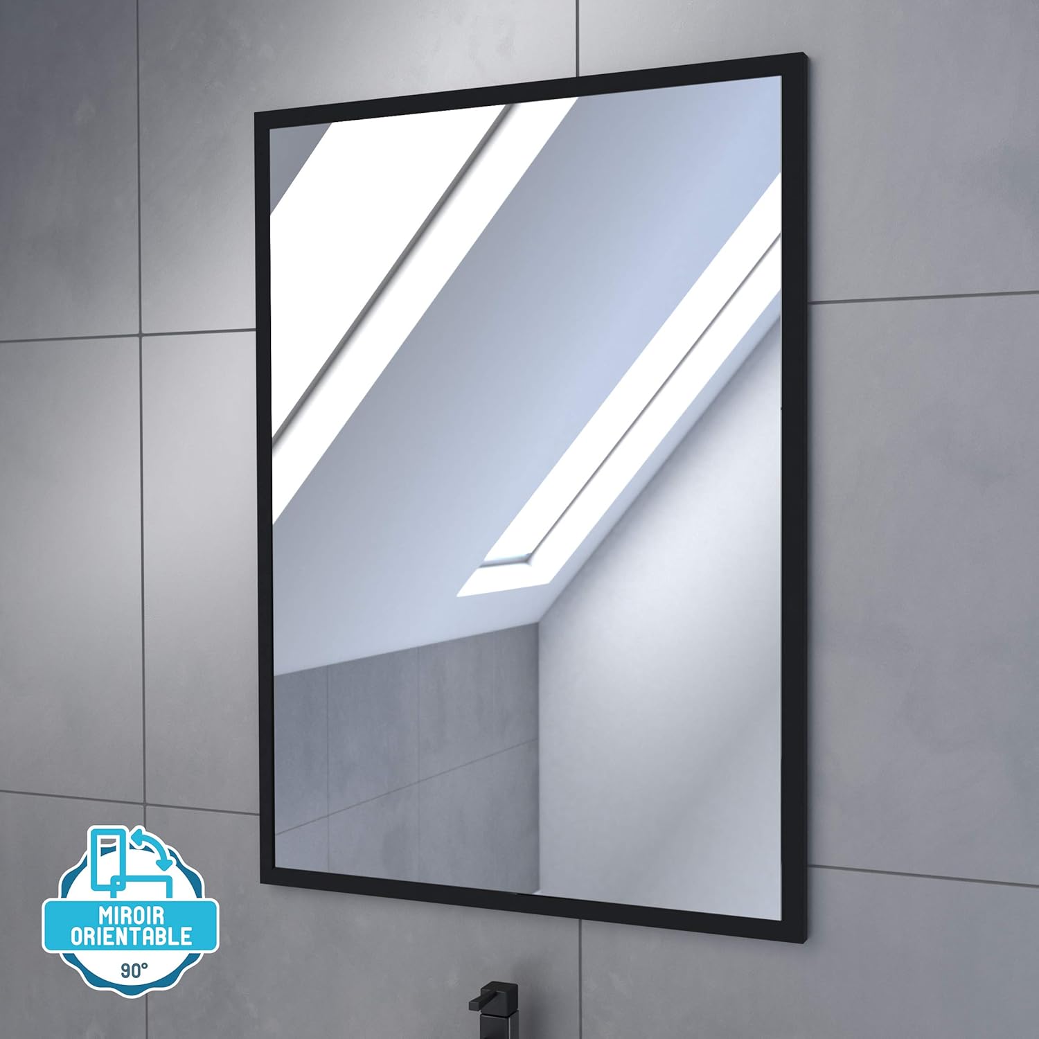 AURLANE bathroom mirror with a black frame, reflecting a skylight.