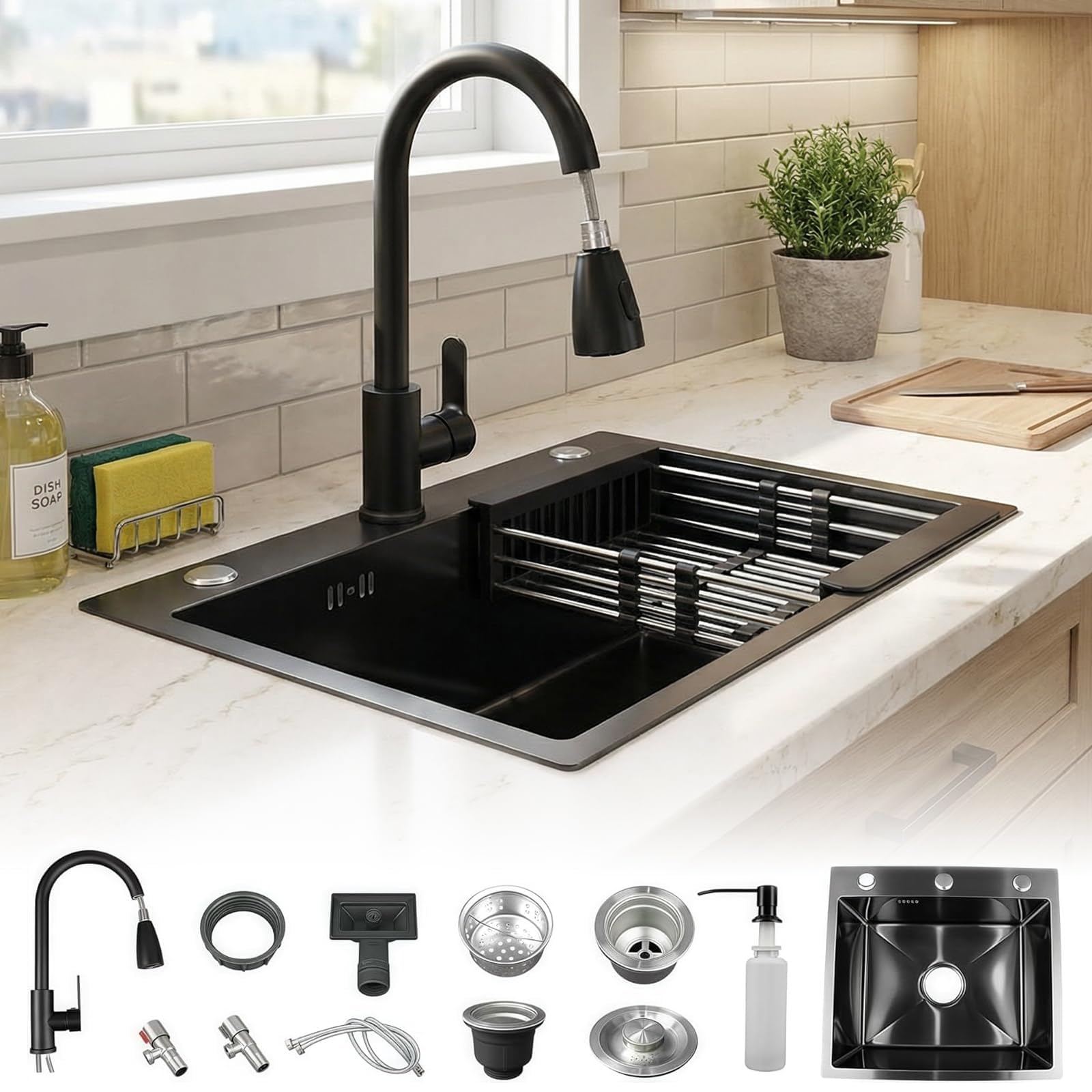 Évier de cuisine encastrable pour la cuisine familiale et moderne en inox noir