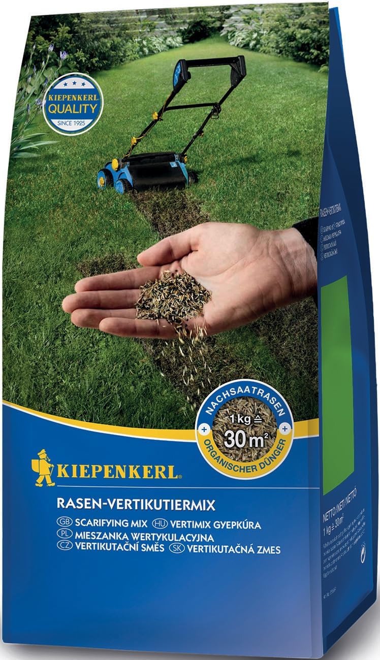 Kiepenkerl Rasen-Vertikutiermix 651807, 1 kg - Rasenkur & Nachsaat in einem Schritt, schnelle Keimung, Rasensamen für Rasenreparatur, Vertikutierer, Rasensaat schnellkeimend