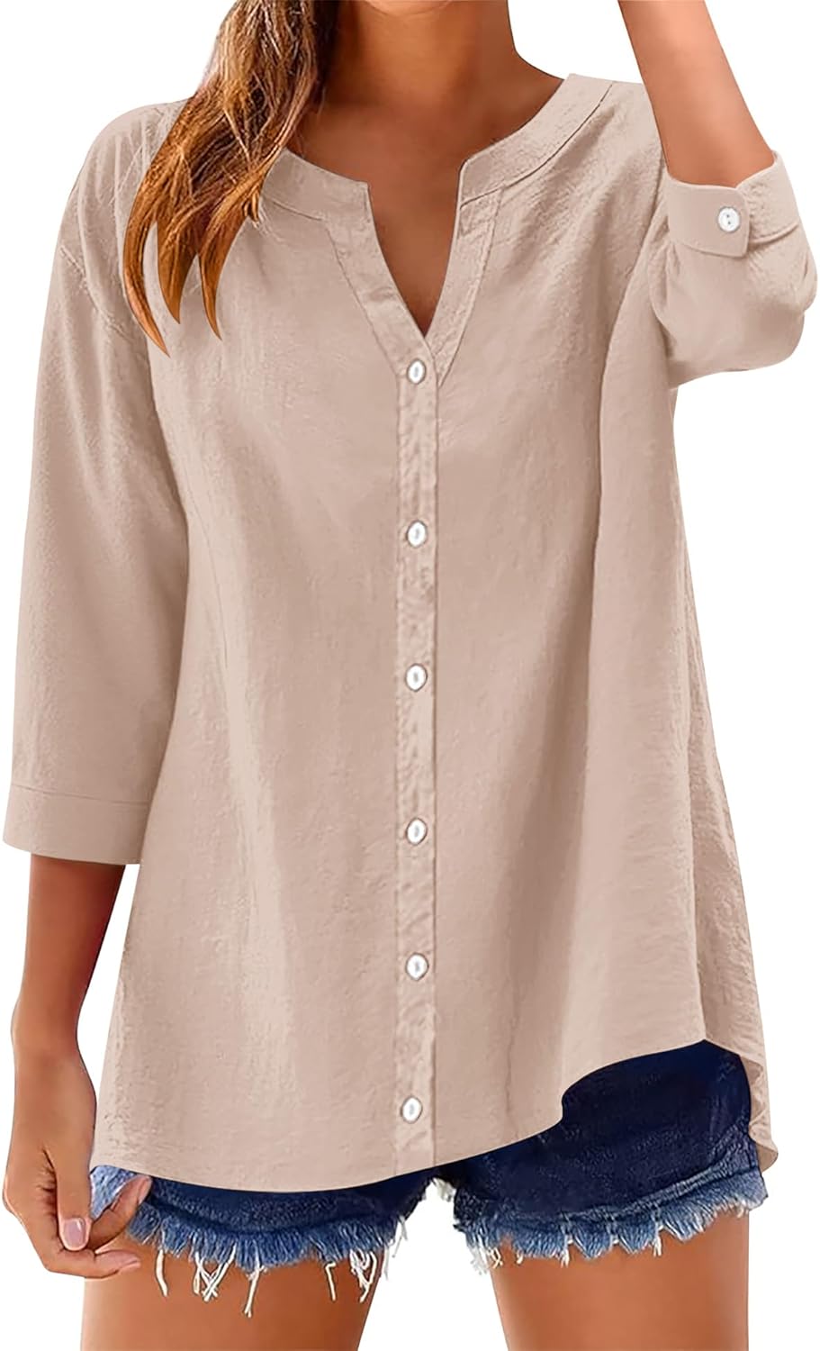 LOMON Womens 3/4 Sleeve Button Down Shirts Cotton Linen Roll Up Short Sleeve Tops V Neck Casual Loose Fit Blouses