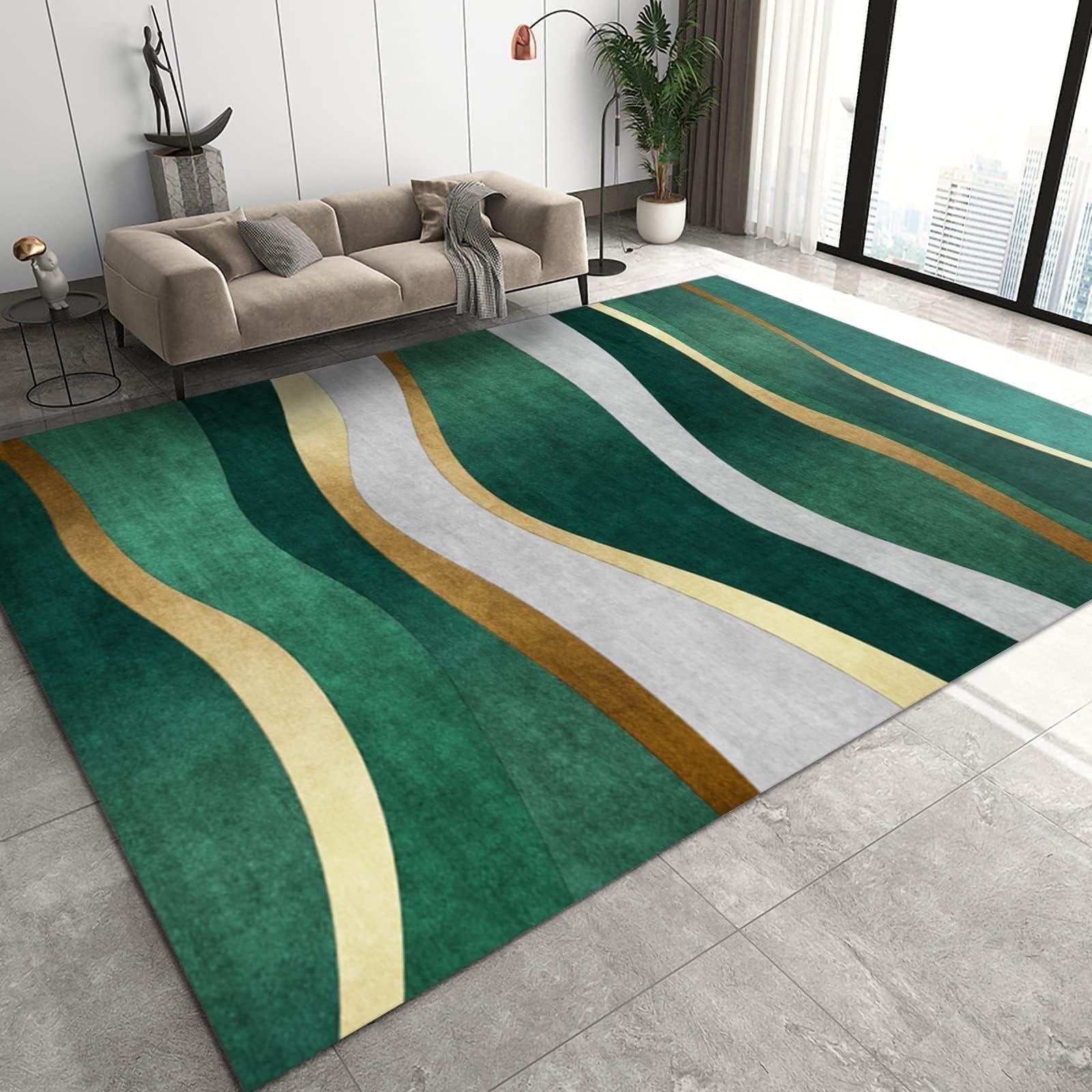 Tapis de Décoration Rayures Irrégulières Vert émeraude Doré, 140 x 200 cm Tapis Moquette de Chambre à Poils Ras, Paillasson Intérieur - pour Chambre à Coucher de Salon