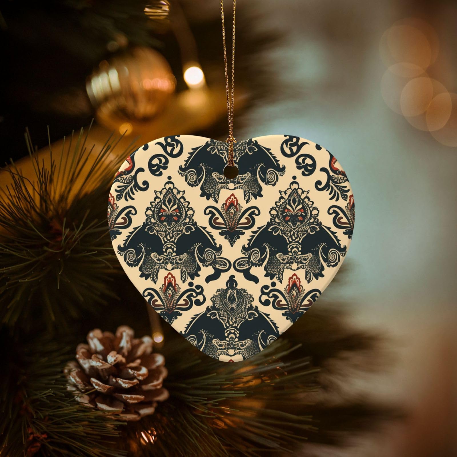 Christmas Ornaments for Christmas Tree Decoration Hanging Asian Elephants Ornament with Gold Ribbon Crafts Heart Shape Ceramic Pendant for Keepsake Gifts Xmas Decor Party Supplies