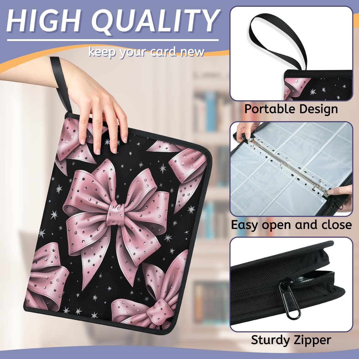 Raccoglitore per carte con 9 tasche, 900 tasche, con chiusura a cerniera (fiocco rosa diamantato)