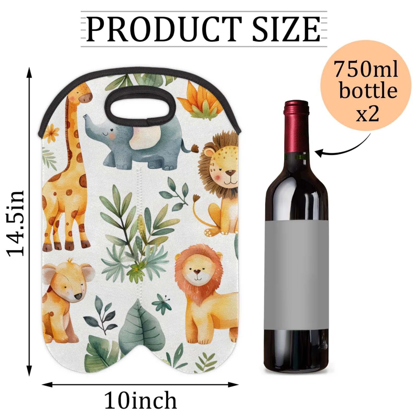 2 Bottles Giraffe Tiger Wine Bag Sleeve Totes Neoprene Protective Wine Carrier Bag for Wine,Water, Champagne, Beer, Baby Bottles,Gift 14.5 x 10 Inches