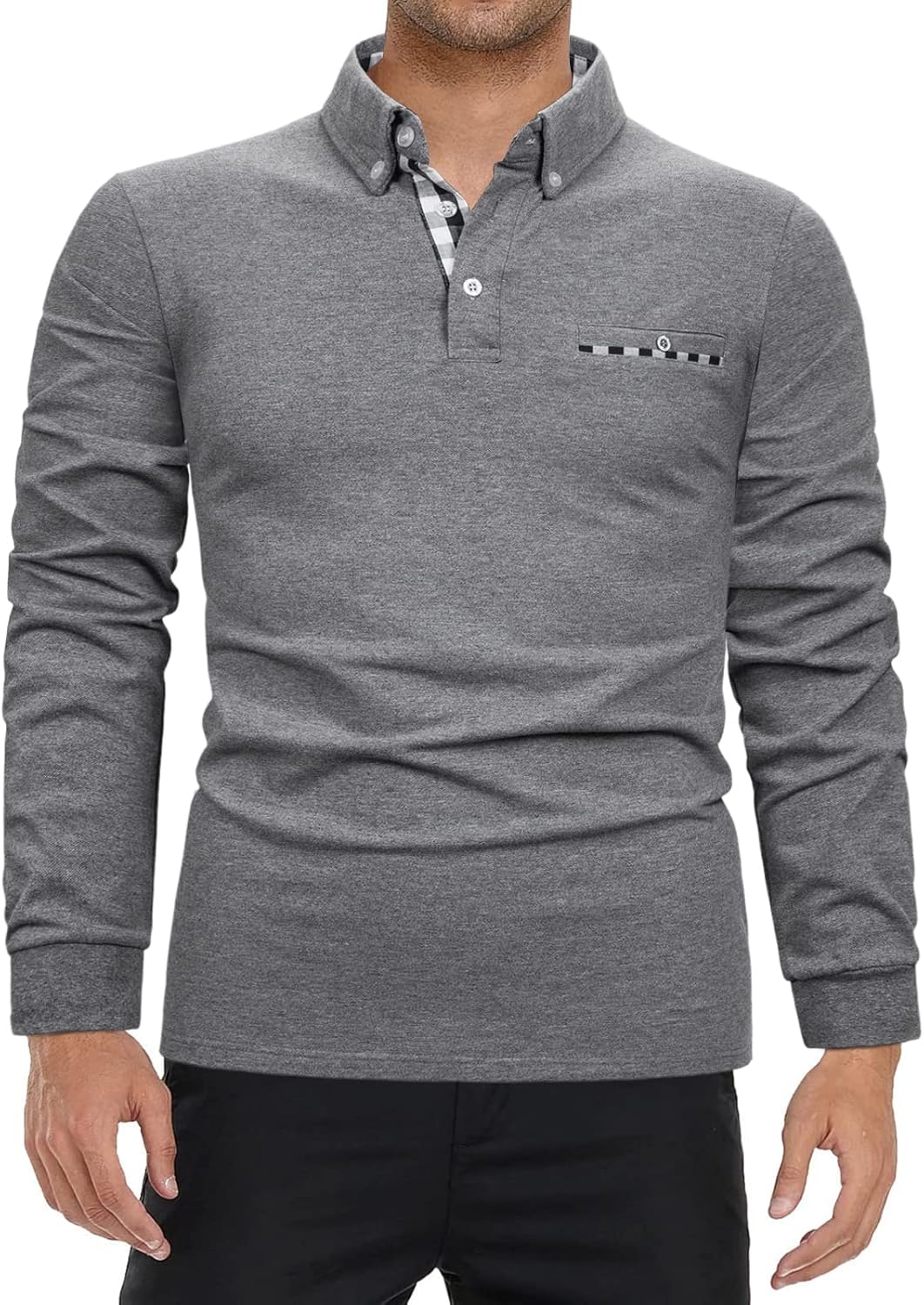 Mens Polo Shirts Long Sleeve Casual Plaid Collar Golf Shirt for Men Slim Fit Cotton Polo T Shirts Top - Image 2