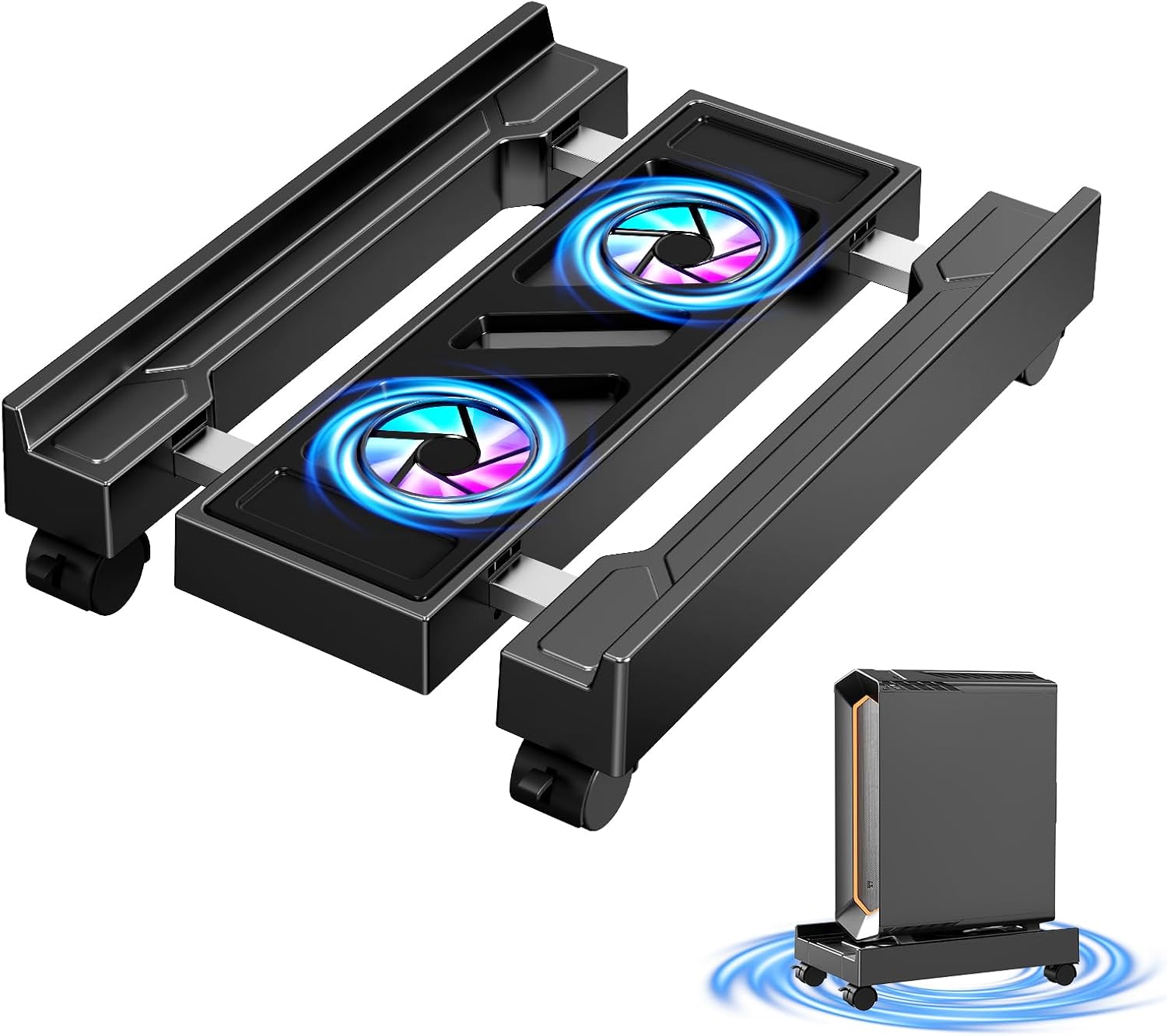 Adjustable Computer Tower Stand with Cooling Fan, Mobile CPU Holder with 4 Rolling Casters, Under Desk CPU Bracket PC Floor Cart PC Riser for Office, Home and Classroom. (Fan version)