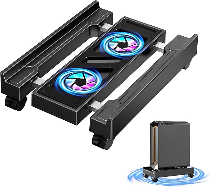 Adjustable Computer Tower Stand with Cooling Fan, Mobile CPU Holder with 4 Rolling Casters, Under Desk CPU Bracket PC Floor Cart PC Riser for Office, Home and Classroom. (Fan Version)