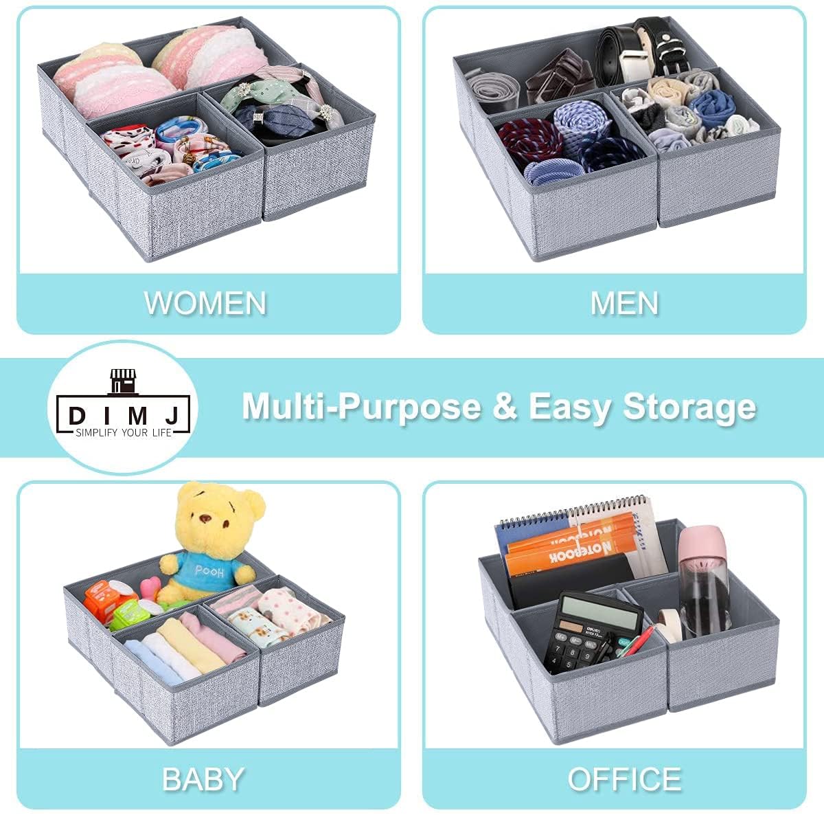 DIMJ 12 Pezzi Set Organizer Cassetti, Non Tessuto Cassetto Organizer, Divisori per Cassetti, Scatola di Immagazzinaggio Pieghevole, Texture Grigio Chiaro