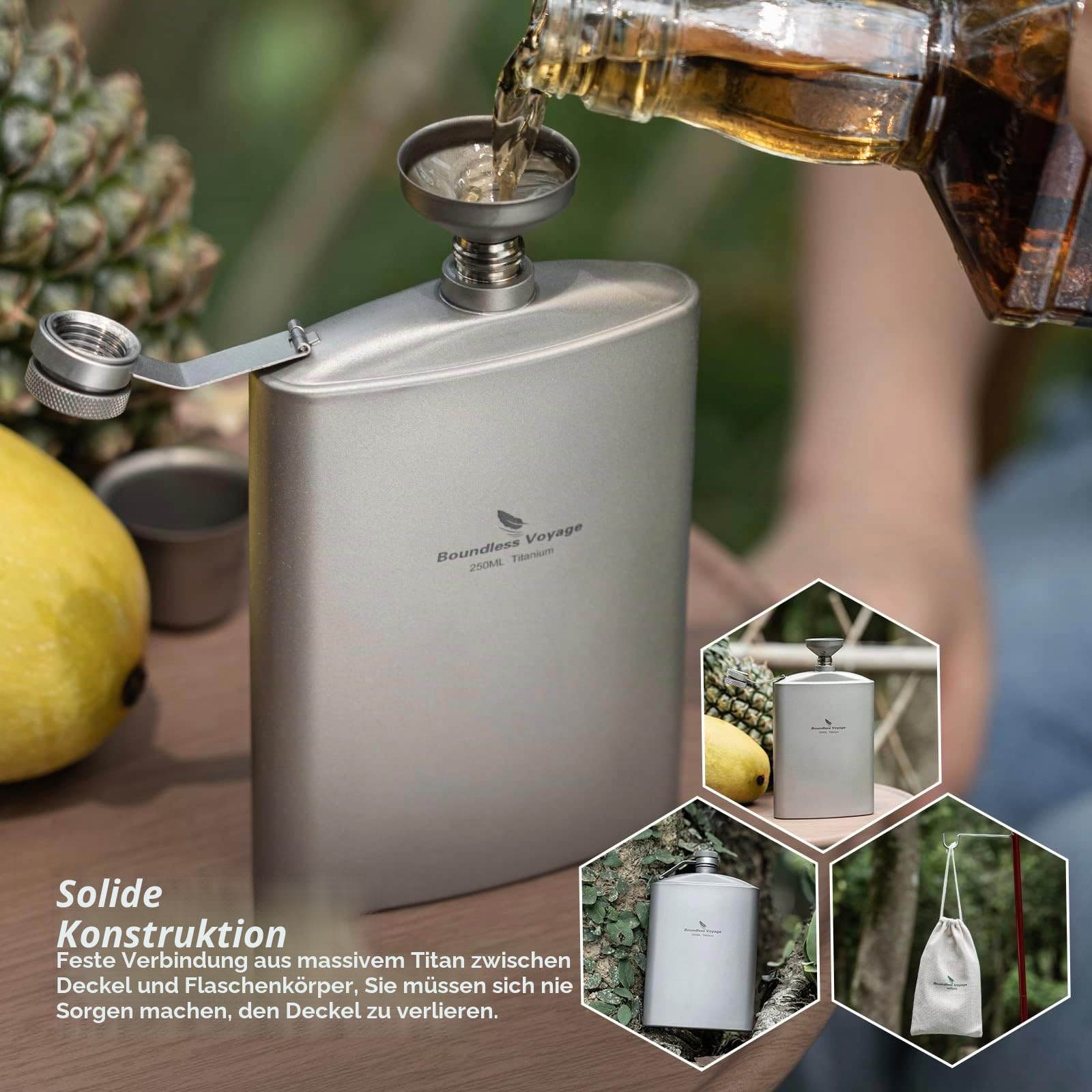Boundless Voyage Titan Flachmann mit Trichter Camping Wandern Klettern Tasche Alkohol Whisky Glaskolben Flagon Wein Tasse Becher Topf