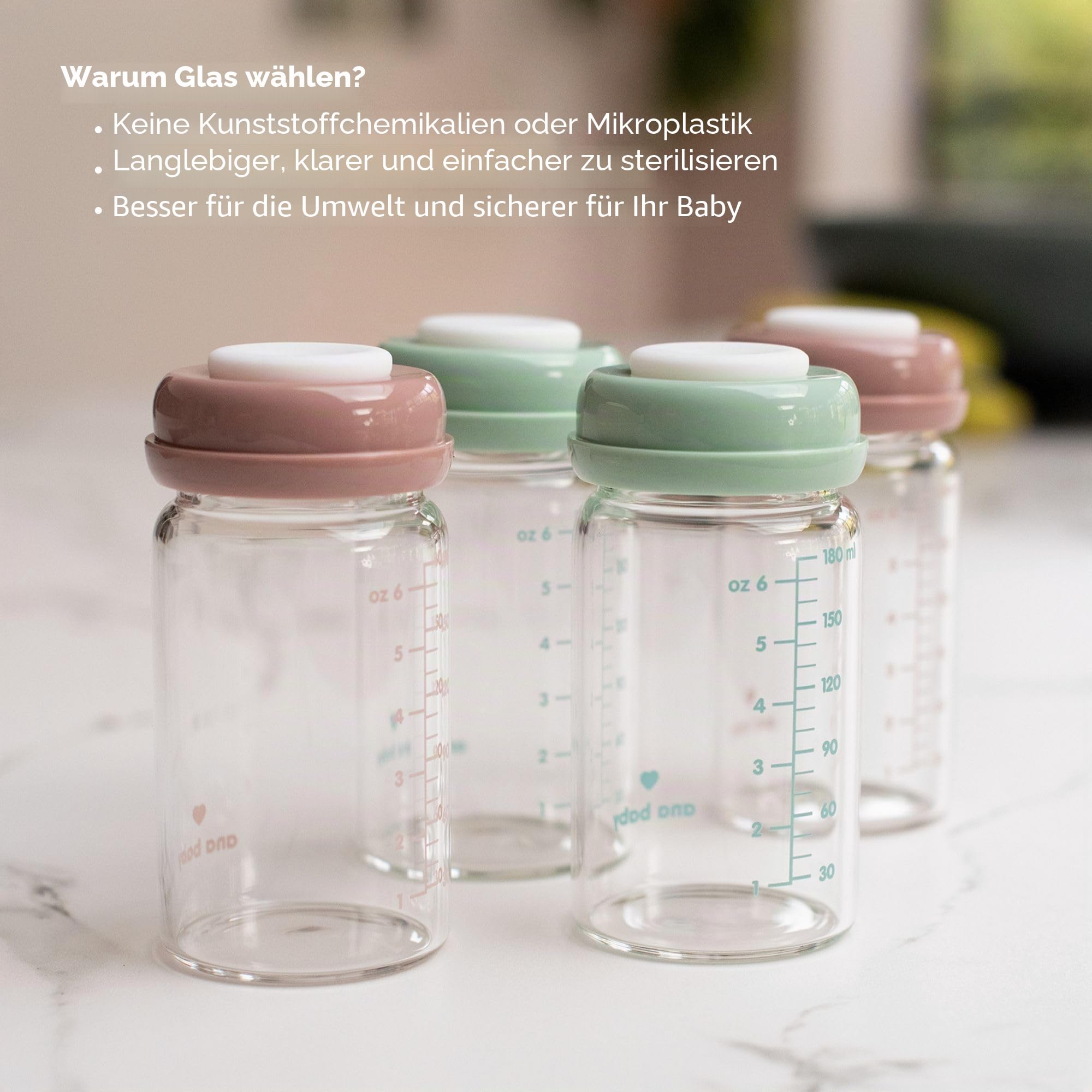 Premium Muttermilch-Aufbewahrungsflaschen aus Glas, 4 Stück, 180 ml, spülmaschinen-, gefrier- und mikrowellengeeignet (Glasflaschen für Muttermilch, 4 x 180 ml)