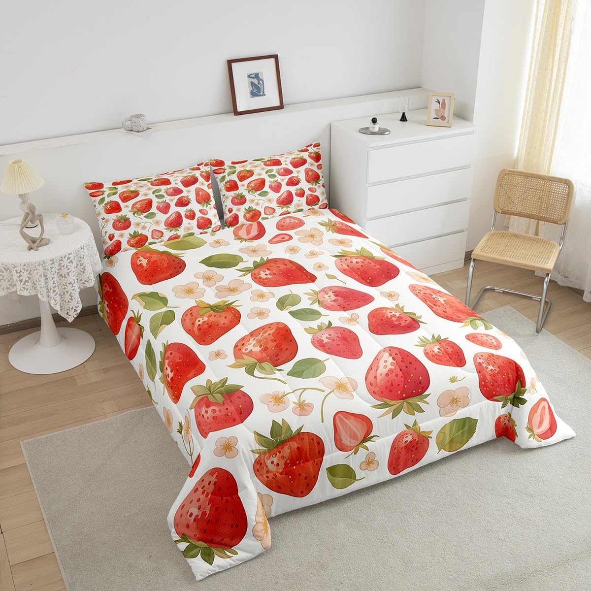Feelyou Girls Strawberry Comforter Set Full Size Kids Kawaii Strawberry Floral Bedding Set for Boys Teens Cute Cartoon Strawberry Comforter Breathable Anime Duvet Set Room Decor Quilt Set