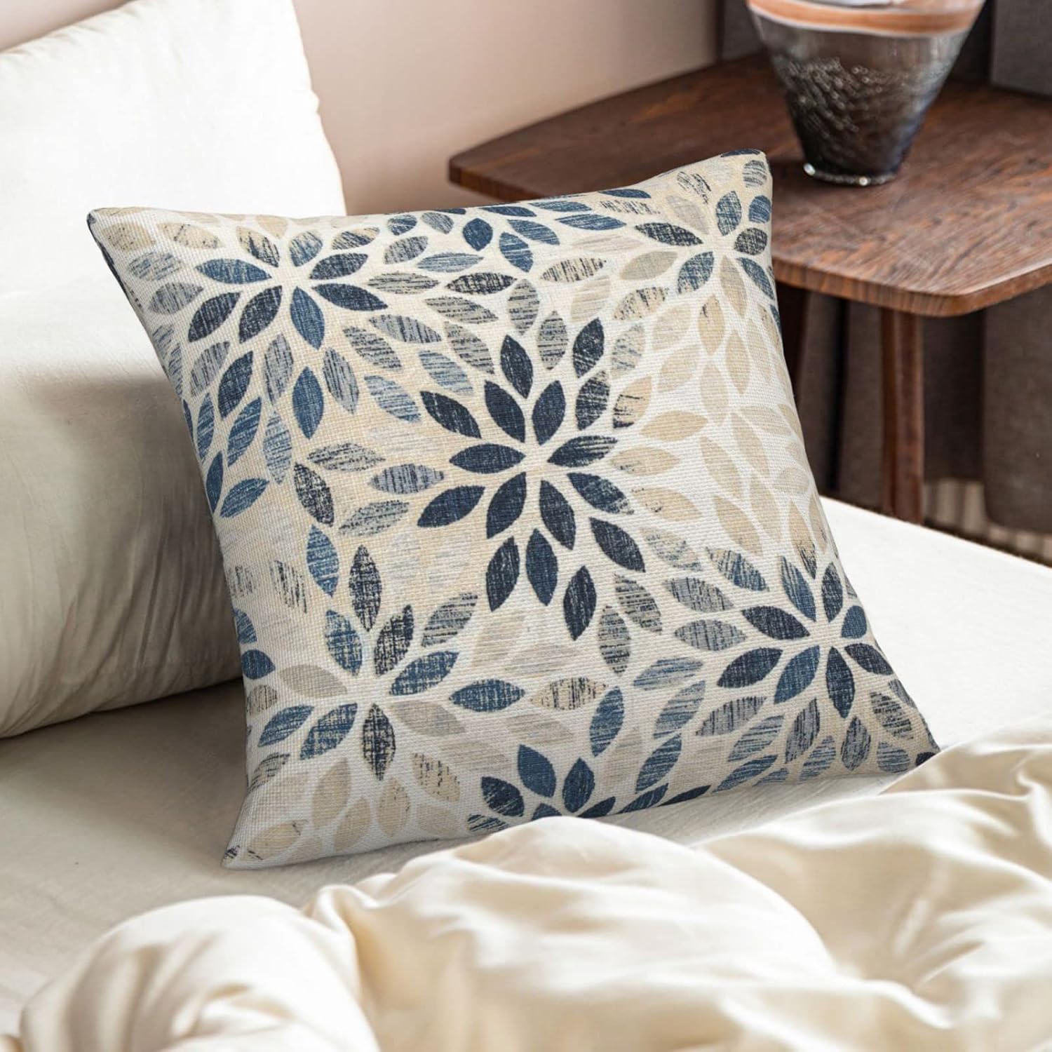 Dahlia Pillow Covers 18x18 Inch Set of 2 Summer Rust Geometric Flower Outdoor Decorative Throw Pillows Farmhouse Navy Blue Pillow Case Linen Square Cushion Cover for Home Sofa Bedroom Living Room - Image 5