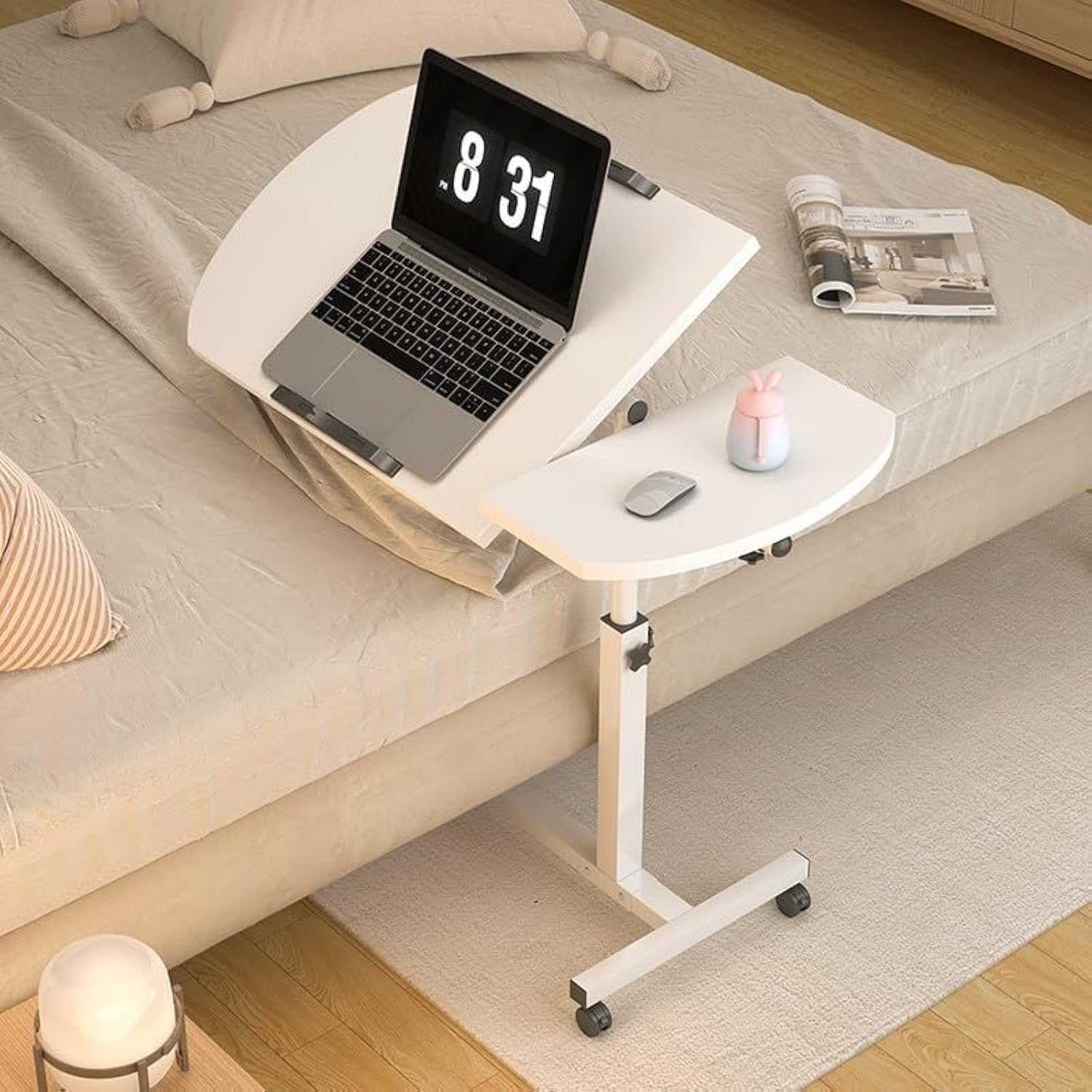 Jorunb Mobile Overbed Bedside Table with Wheels Simple Cot Side Table with Tilting Desktops Height Adjustable Hospital Bed Table Mobile Standing Desk for Laptop Bed Sofa Side Table (white__)