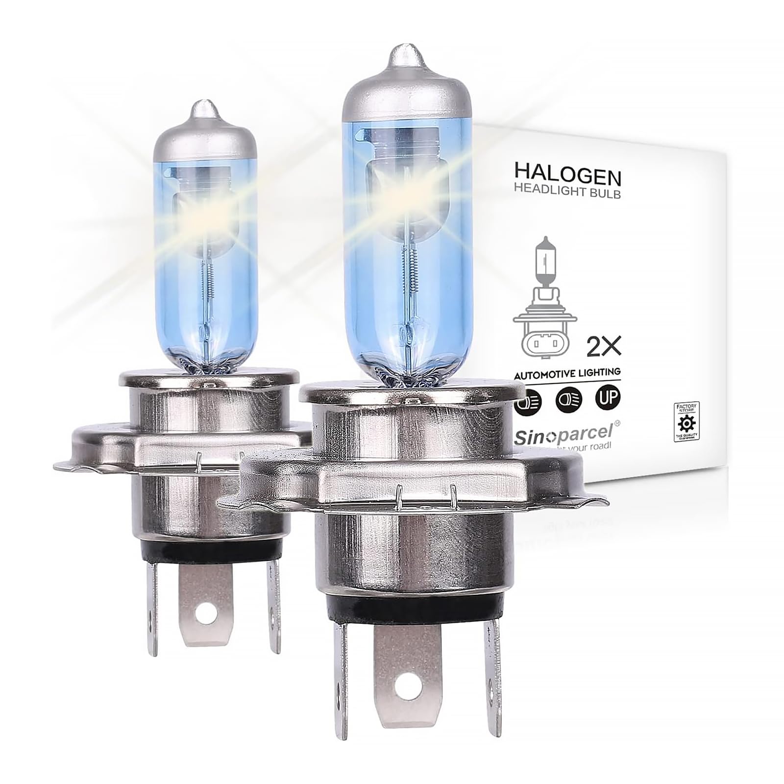 Sinoparcel H4/9003 Halógenas Bombillas - Haz Baja y Alta para Faros Delanteros Estándar de 12V 55/60W - 150% Más de Brillo, Luces de Reemplazo - Paquede de 2