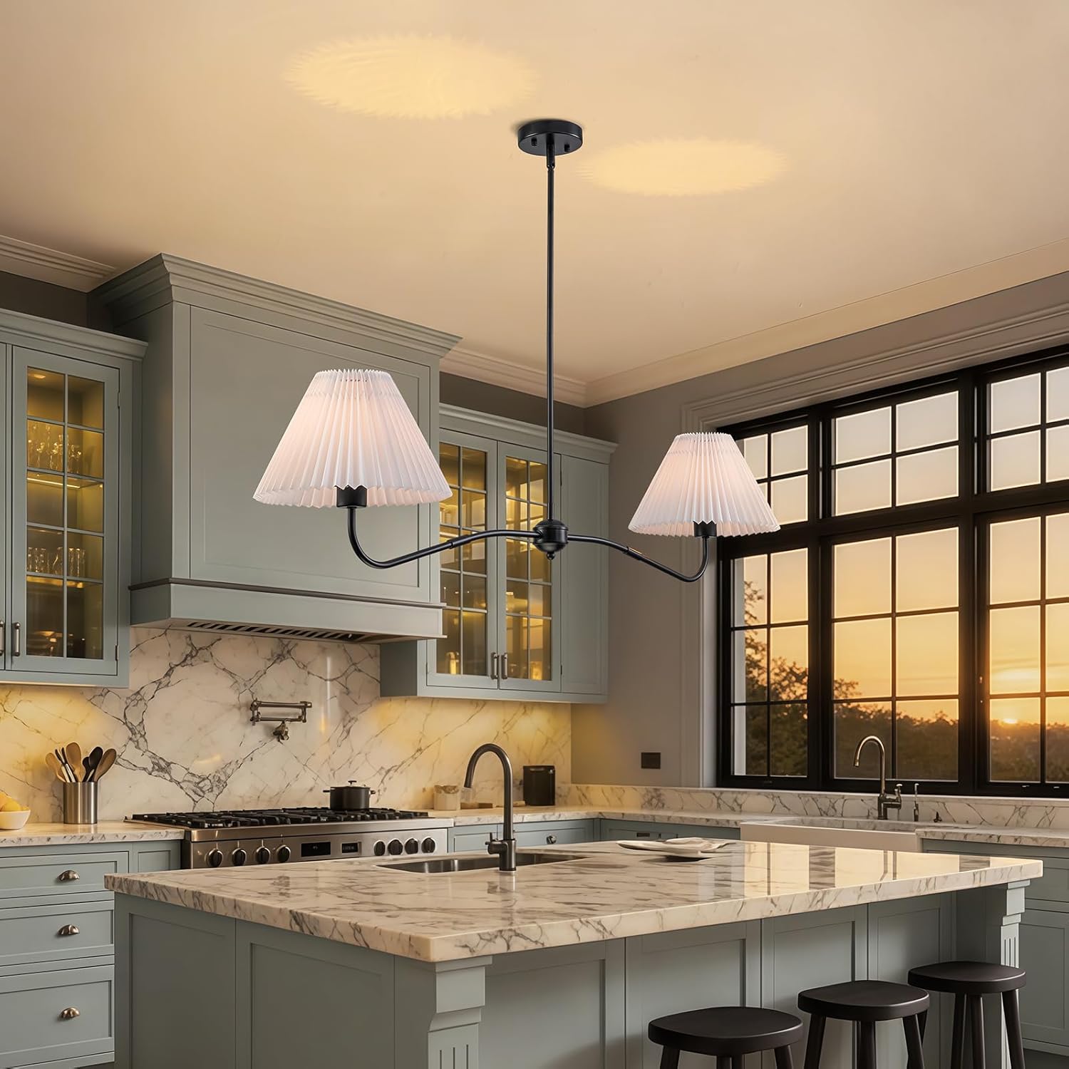 47’’ Modern Linear Chandelier for Dining Room, 2-Light Black Farmhouse Pendant lights kitchen island with White Fabric Shades, Island Lighting Fixture for Restaurant Kitchen Over Table, E26 Base