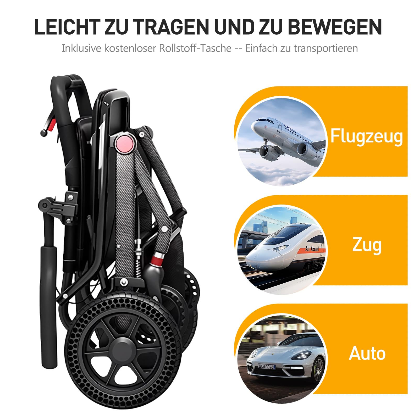 Care Parents Rollstuhl, faltbar, leicht, 8,5 kg,Sitzbreite:40cm,großem Einkaufskorb und unzerstörbaren Reifen, Transportrollstühle für Behinderte and ältere, bis100 kg(CP-J09B)