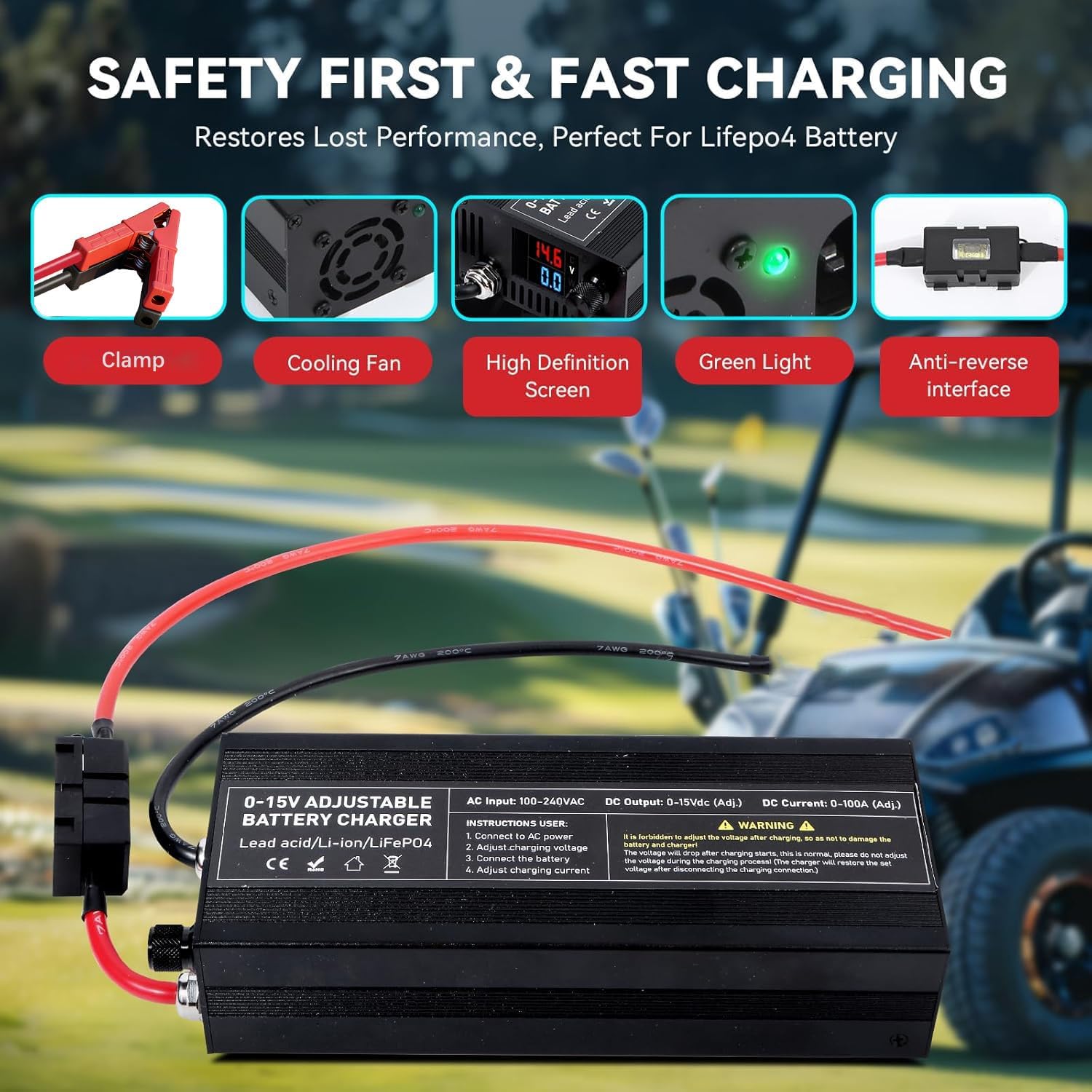 12V 60A LiFePO4 Lithium Ion Battery Charger Adjustable 12.8V 14.6V 0-15V 0-60V for Large Battery Charger