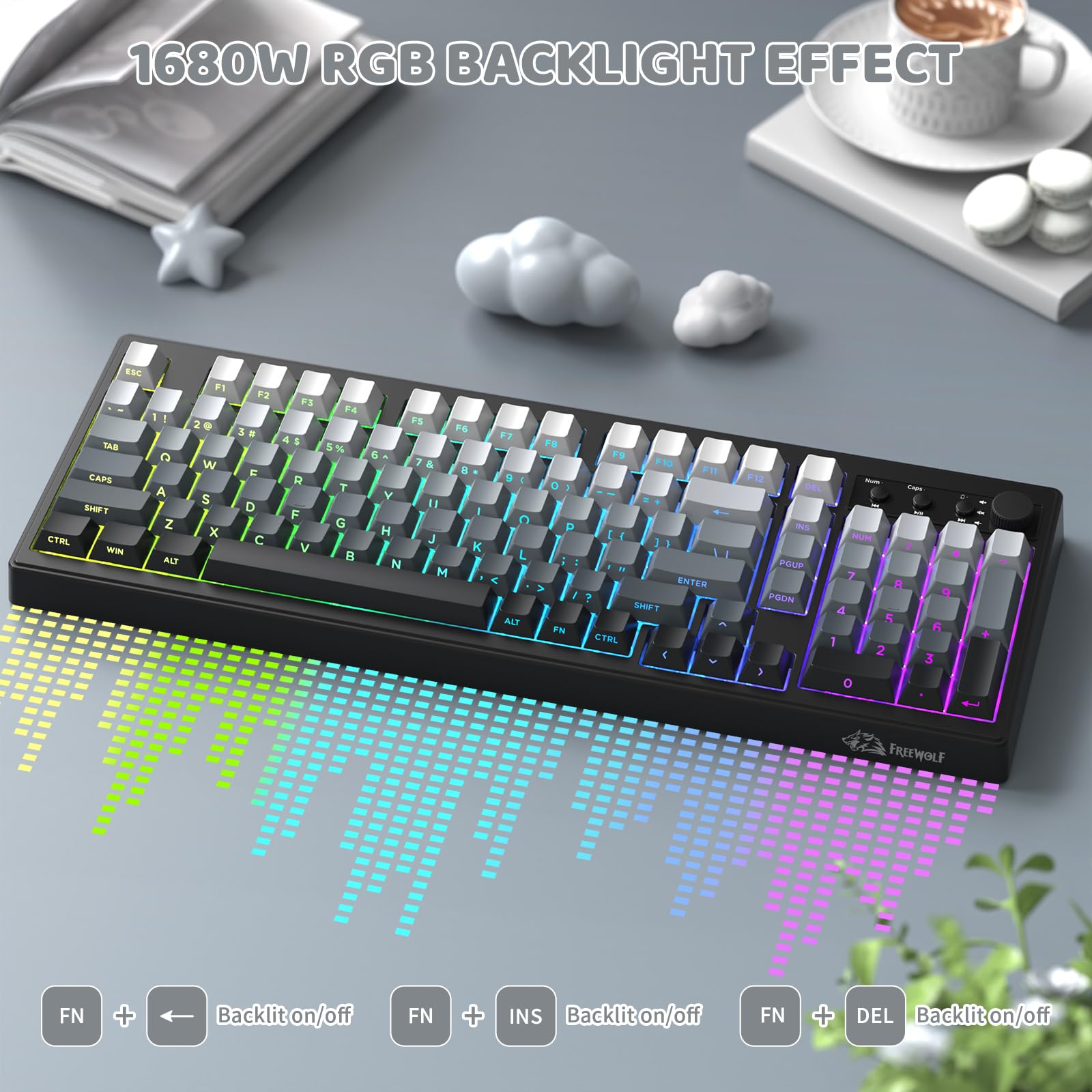 FREEWOLF K100 Tastiera Gaming Senza Fili RGB con Tastierino Numerico, Connessione Bluetooth/2.4G Senza Fili/USB-C Cablata, Tasti Incisi sui Lati in PBT Gradiente, 4000mAh, Manopola Multimediale - Nero