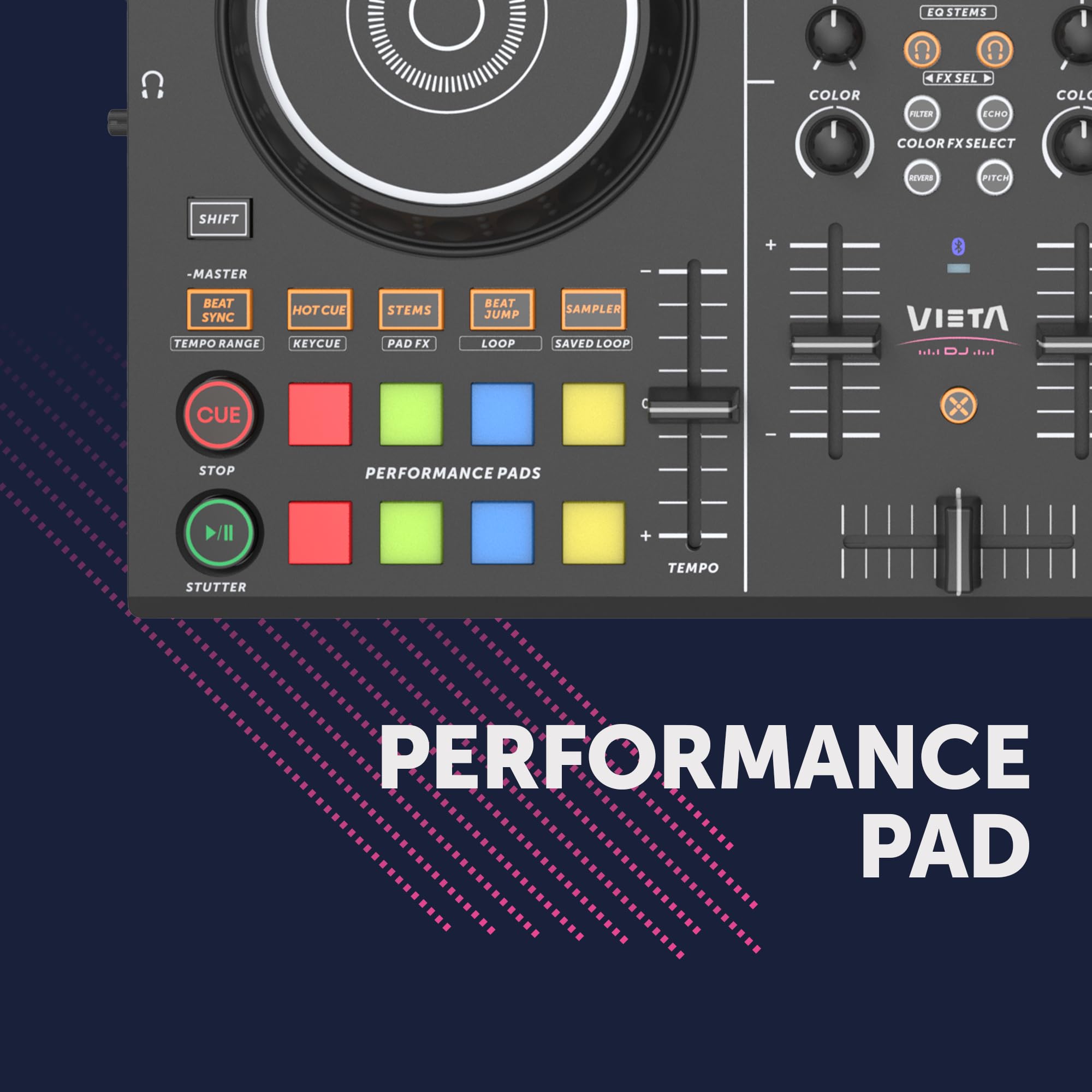 VIETA PRO Mixer DJ Bluetooth professionale con scheda audio integrata. Controller DJ Con Luci Integrate RGB, Mixer DJ Controller e Interfaccia Audio. Mixer DJ Juno