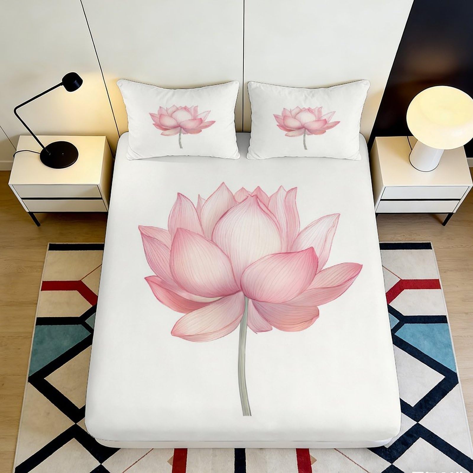 3D Printed Pink Lotus Flower Fitted Sheet Microfiber Soft Bedroom Decor Watercolor Blossom Mattress Cover for Home Dorm 90x200x25cm