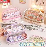 Vista 6 de JHTPSLR Estuche para lápices Kawaii grande con correa de doble capa, transparente, impermeable, lindo, estuche para lápices, bolsas para bolígrafos