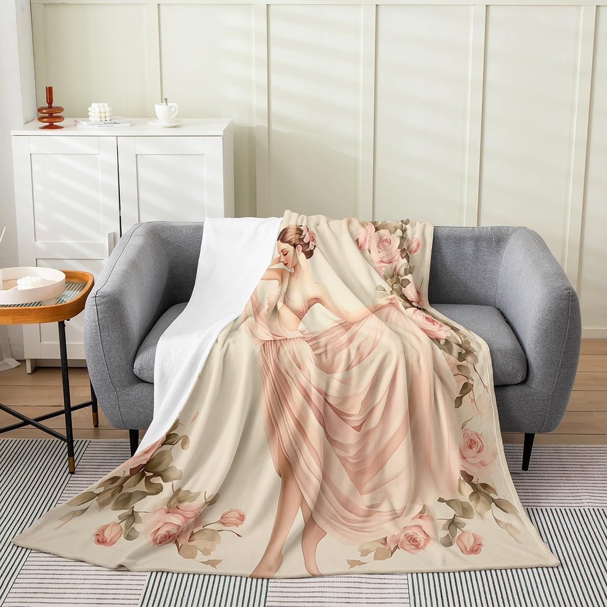 Beauty Girl Fleece Blanket,Vintage European Style Floral Ballet Girl Bed Blanket for Kids Teens,Pink Roses Blooming Flowers Retro Flannel Blanket for Room Decor,Queen 90"x90"
