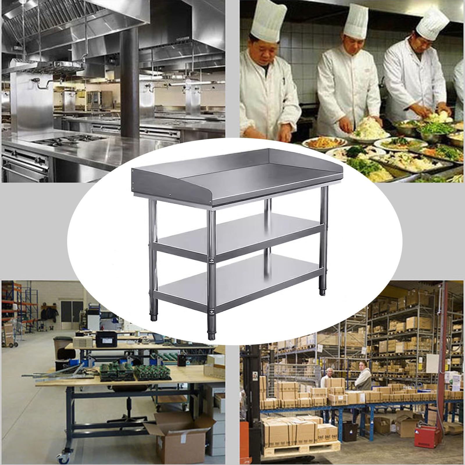 Banco da Lavoro Doppio in Acciaio Inox da Cucina con Lunetta e Piano di Lavoro per Pasta, Tavolo da Taglio con Tre Lati, Design Curvo e Tavolo di Preparazione anticaduta (80x60x80 cm)