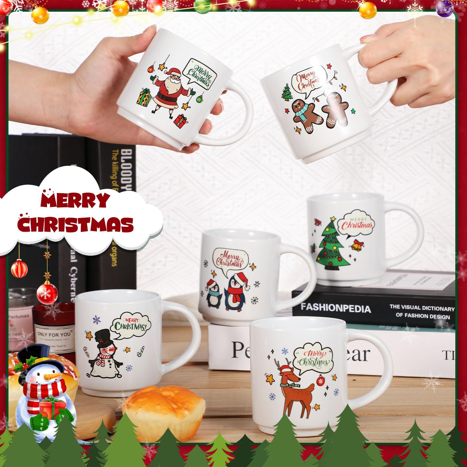 Yungyan 10 Stück Keramik-Weihnachtstassen, 266 ml, Weihnachts-Kaffeetassen, Schneeszene, Rentier, wiederverwendbare Feiertagstassen, Großpackung mit festlichen Designs, Tassen für Weihnachten, Tisch,