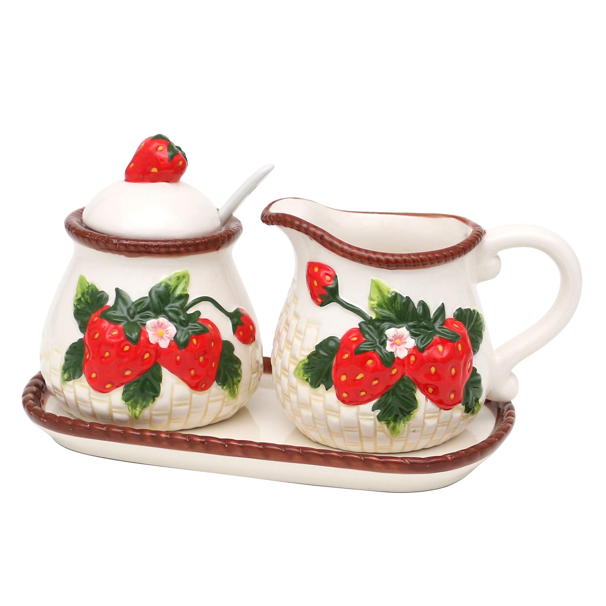 Dekohelden24 Dolomite, zuccheriera con Cucchiaio, bricco per Latte e piattino, Set da 3, con Fragole in Rilievo, Dimensioni Circa 19 x 10,5 cm, 12